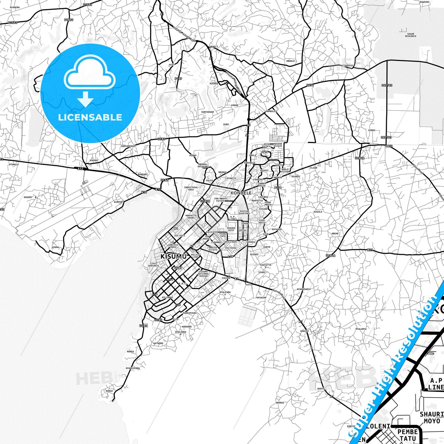 Kisumu, Kenya Light Map with Street Names, City Names, and Districts