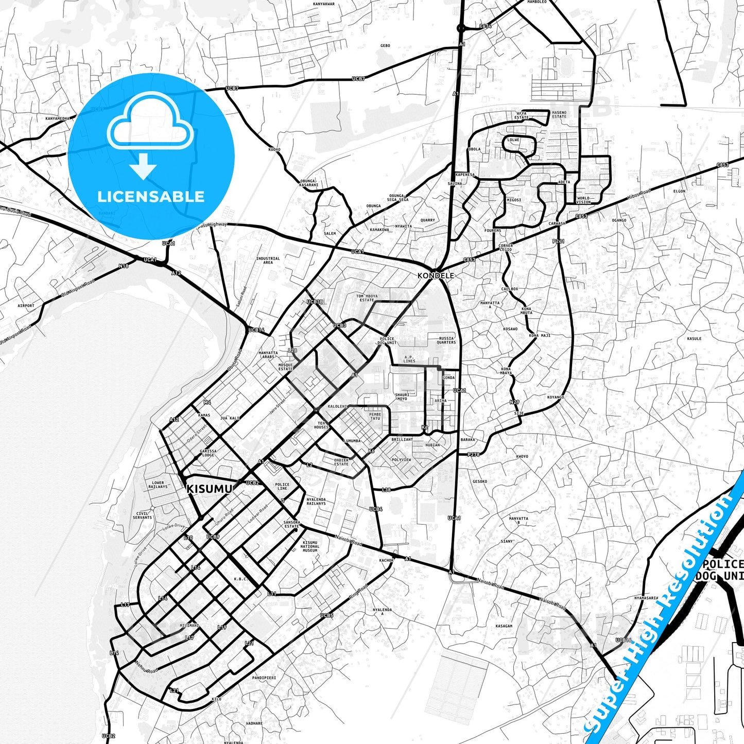 Kisumu, Kenya Light Map with Street Names, City Names, and Districts