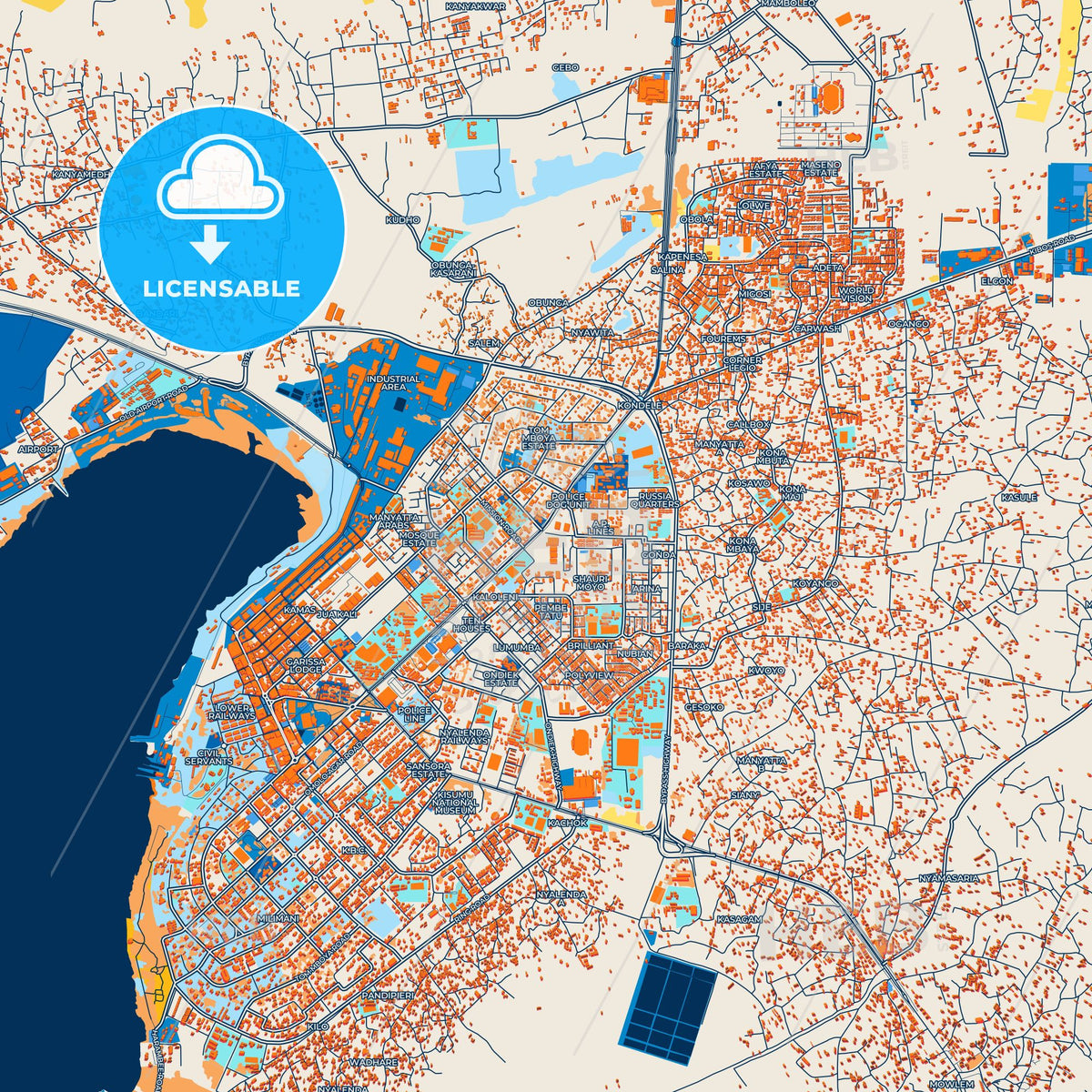 Colorful Kisumu Street Map with Labels and Buildings