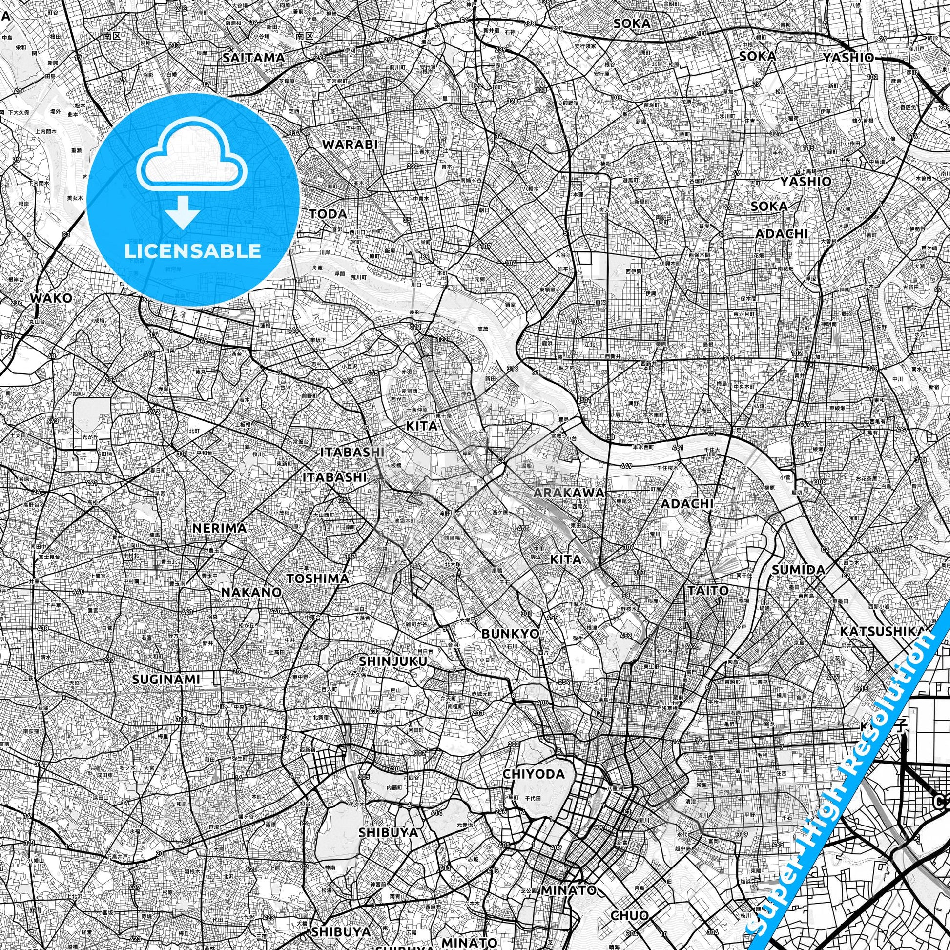Kita, Japan light map with streetnames, citynames and districts