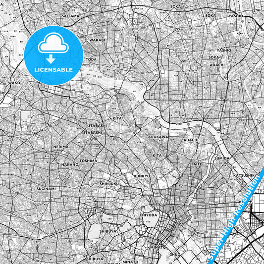 Kita, Japan light map with streetnames, citynames and districts