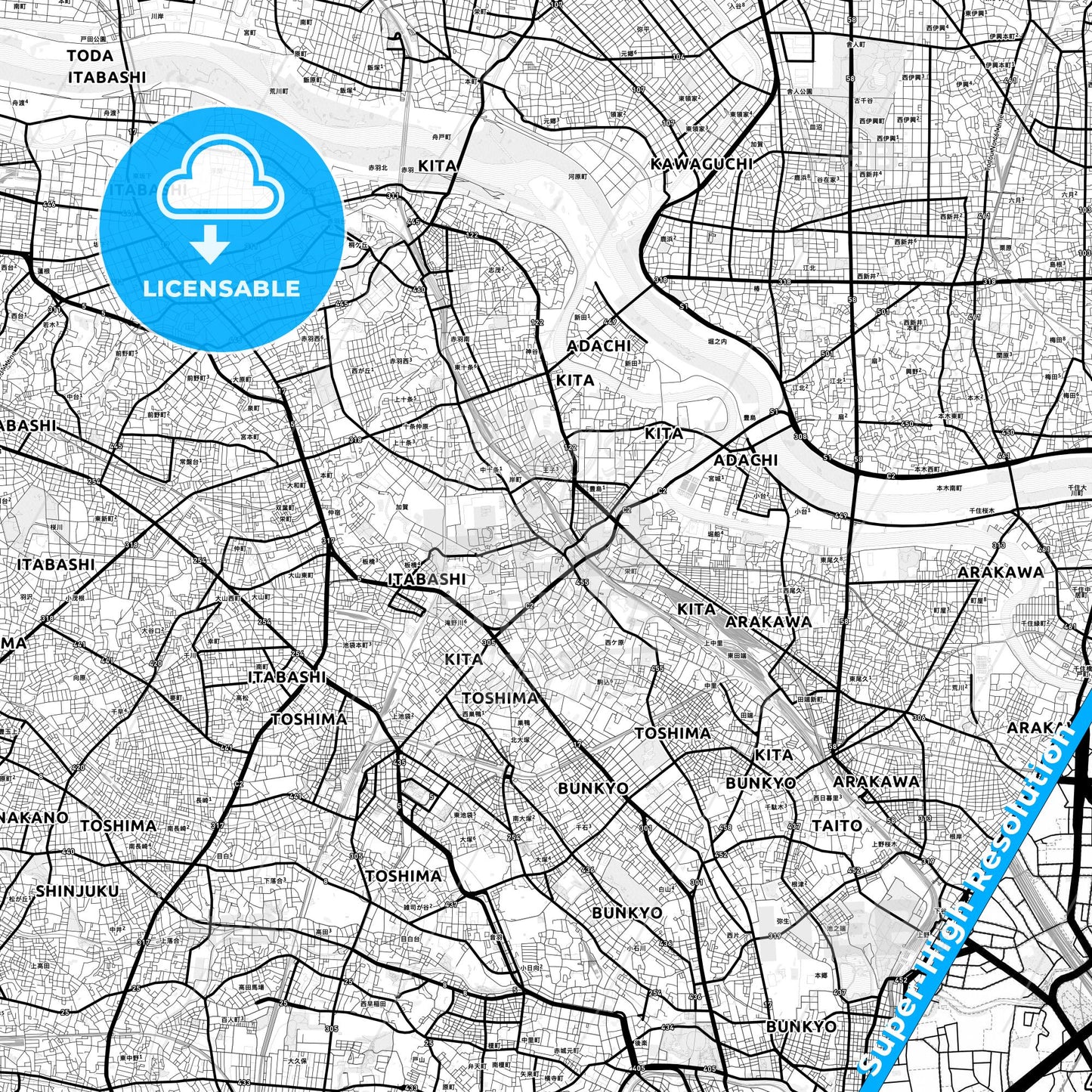Kita, Japan Light Map with Street Names, City Names, and Districts