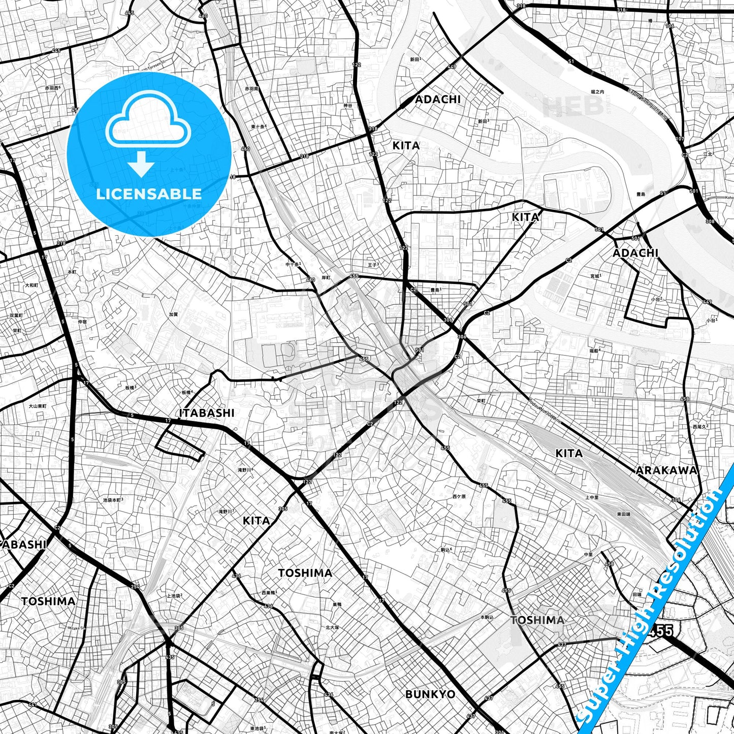 Kita, Japan Light Map with Street Names, City Names, and Districts