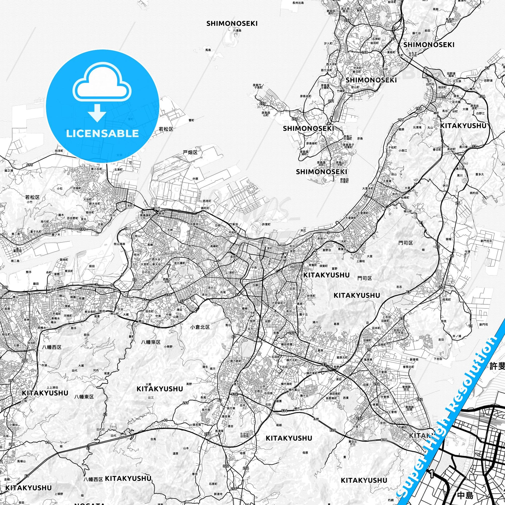 Kitakyushu, Japan light map with streetnames, citynames and districts