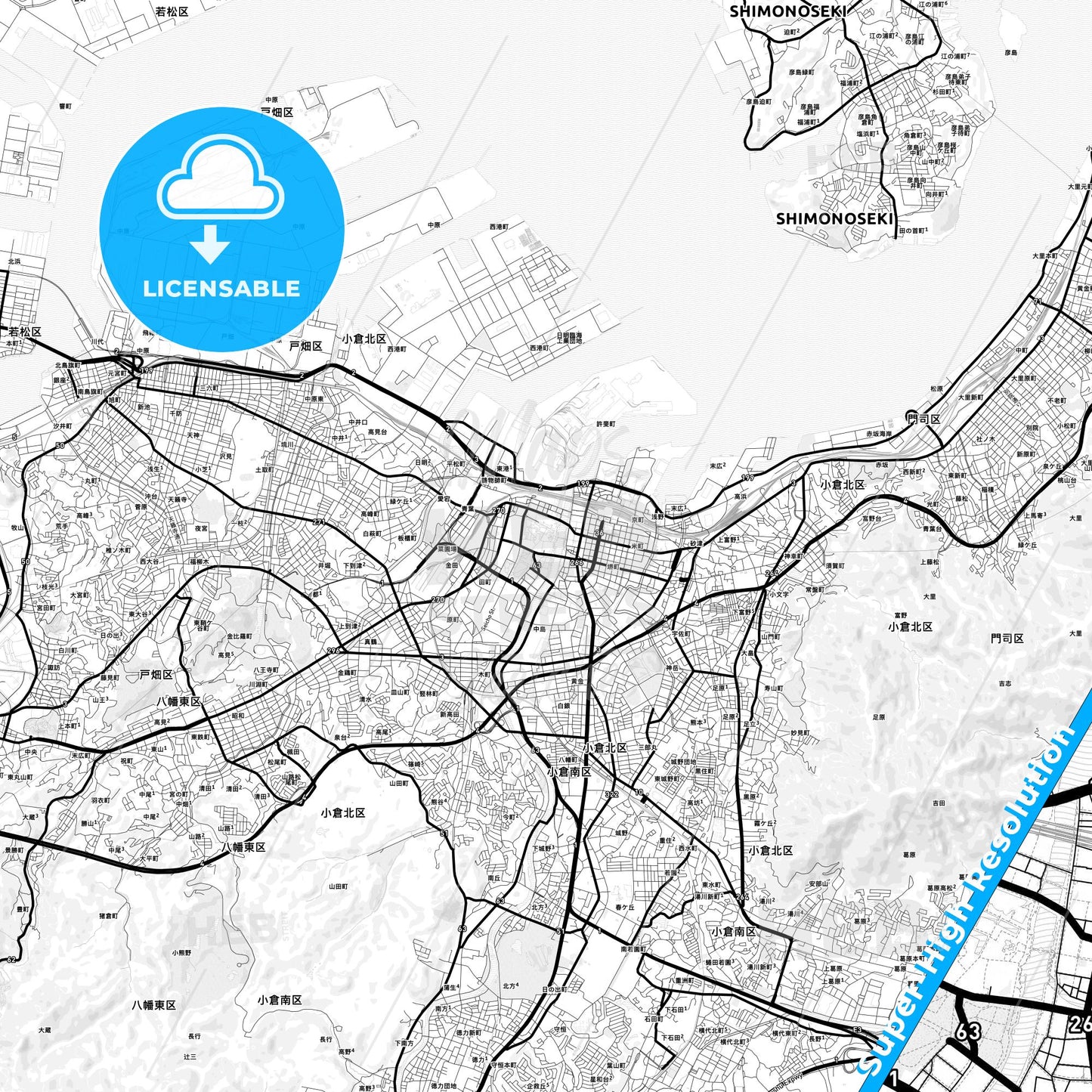 Kitakyushu, Japan Light Map with Street Names, City Names, and Districts