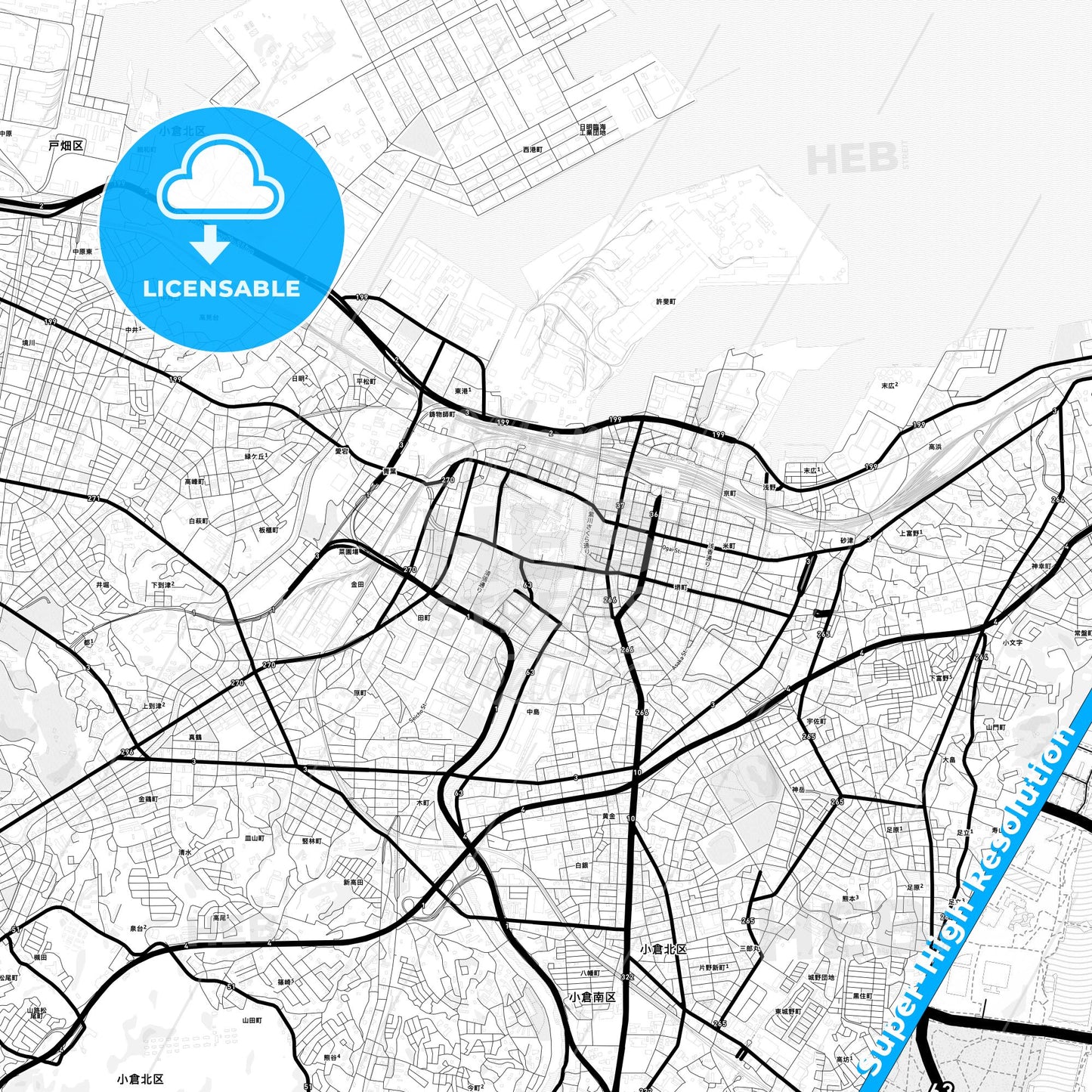 Kitakyushu, Japan Light Map with Street Names, City Names, and Districts