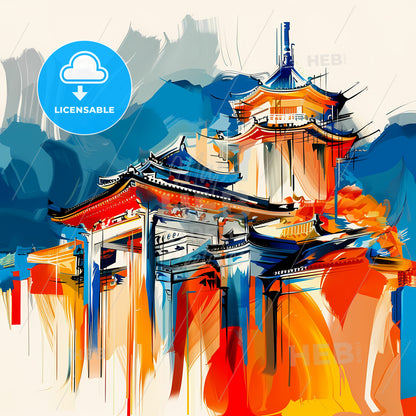 Vibrant Kitakyushu, Japan - A Painting Of A Building