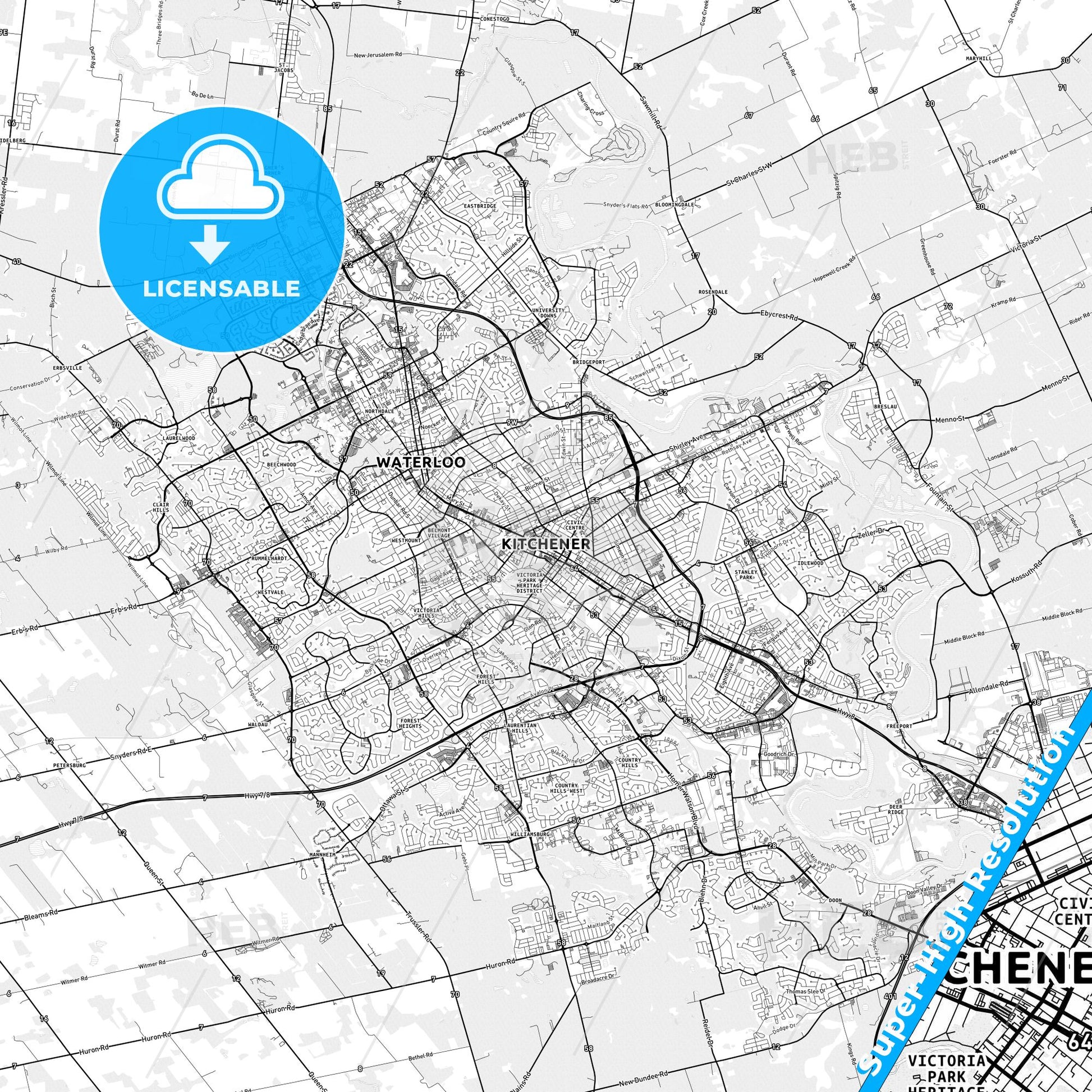 Kitchener, Canada light map with streetnames, citynames and districts