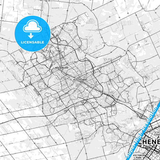 Kitchener, Canada light map with streetnames, citynames and districts