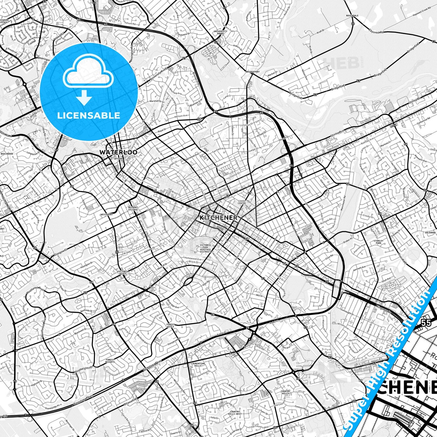 Kitchener, Canada Light Map with Street Names, City Names, and Districts