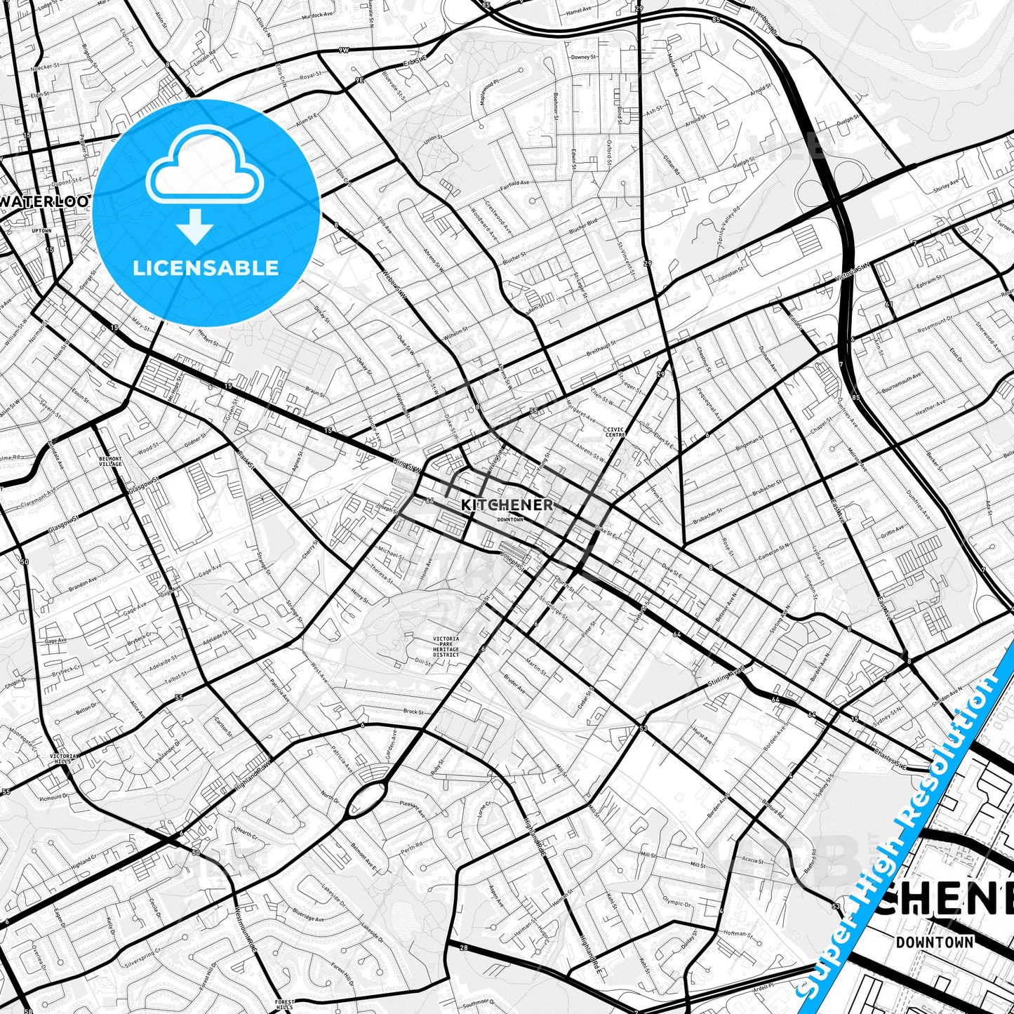 Kitchener, Canada Light Map with Street Names, City Names, and Districts