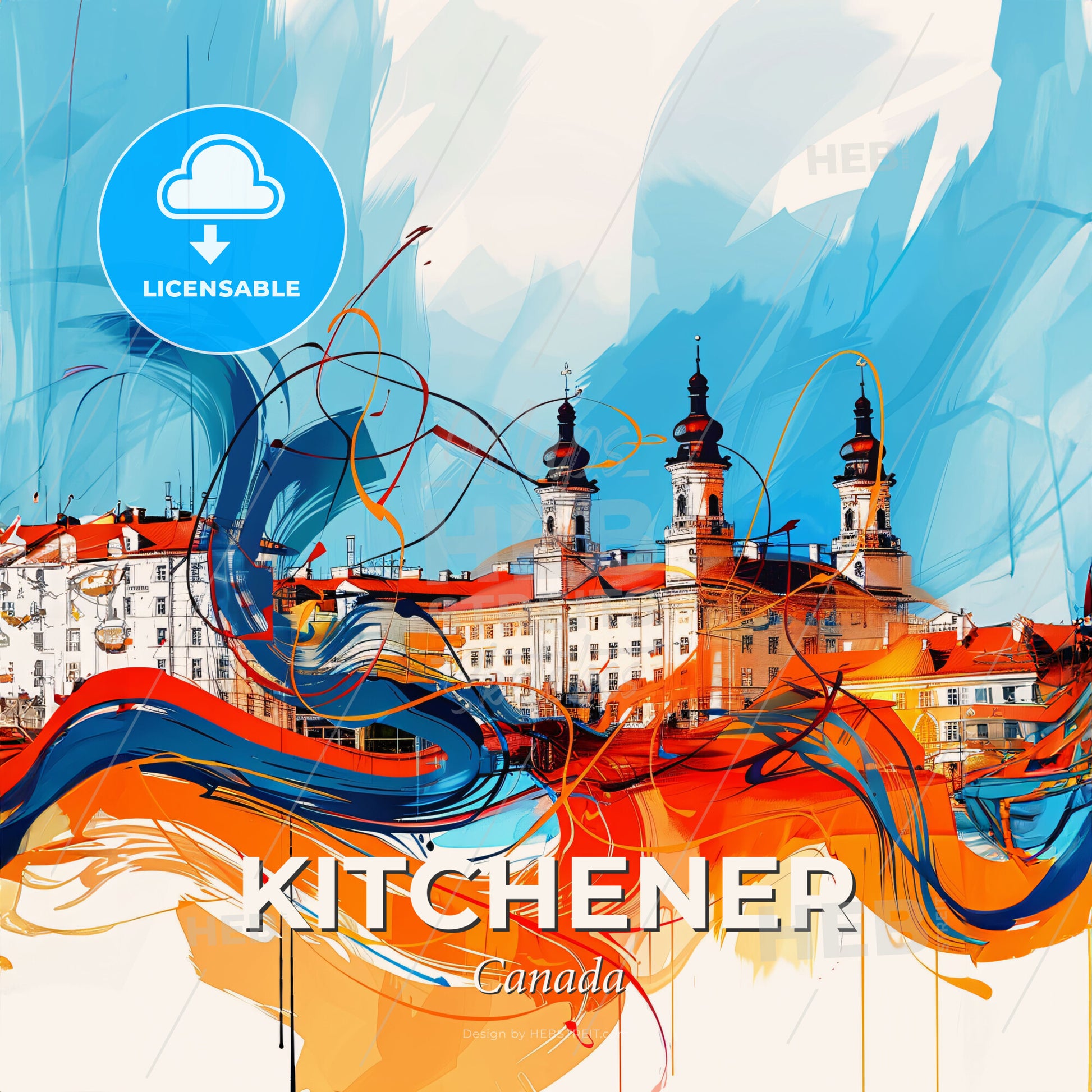 Vibrant Kitchener, Canada - A Painting Of A Building With Orange And Blue Colors - Square format print template