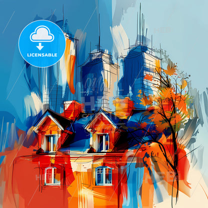 Vibrant Kitchener, Canada - A Painting Of A Building With A Tree And Buildings In The Background