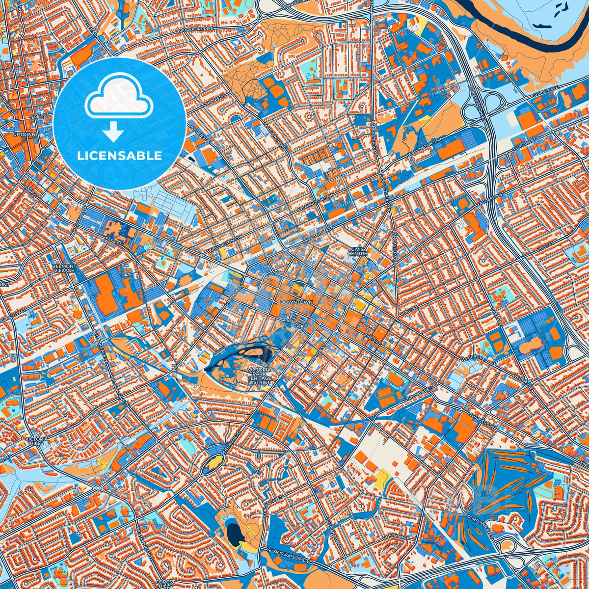 Colorful Kitchener Street Map with Labels and Buildings