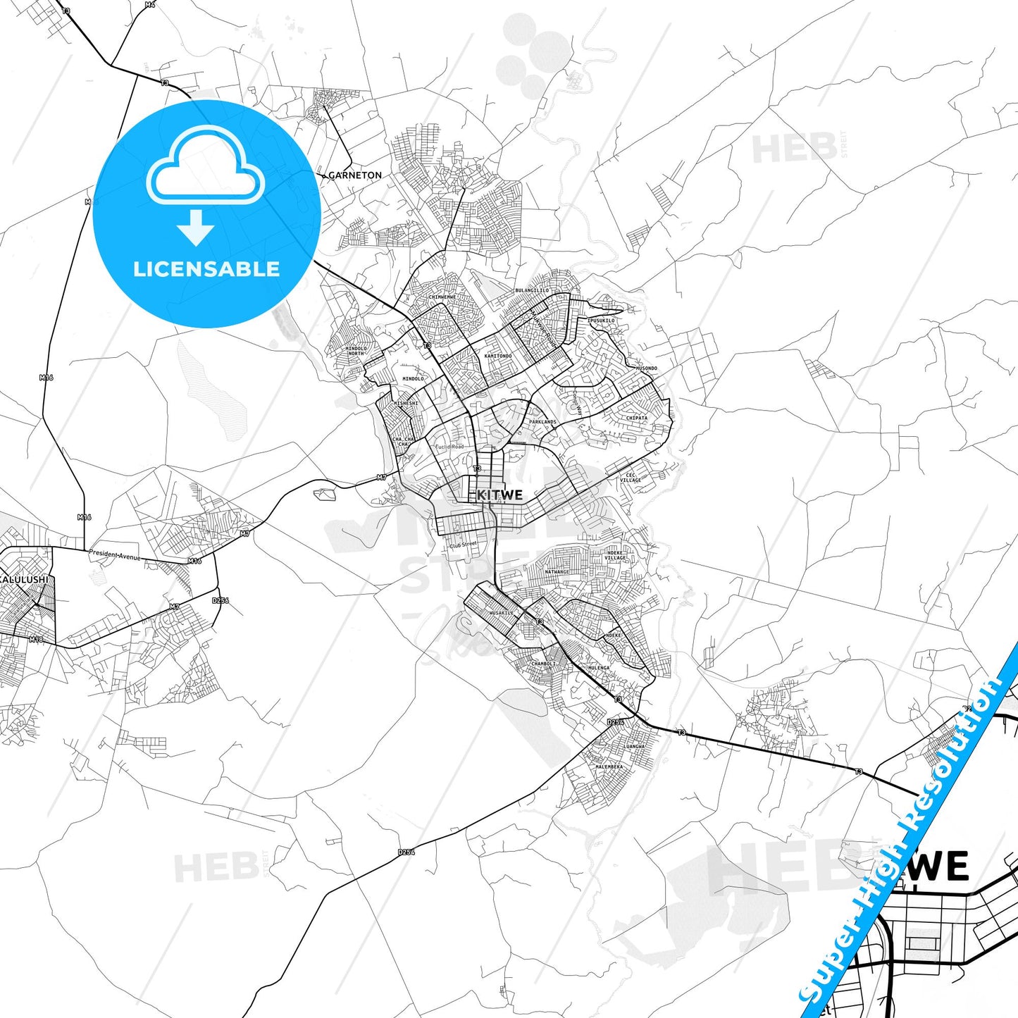 Kitwe, Zambia light map with streetnames, citynames and districts