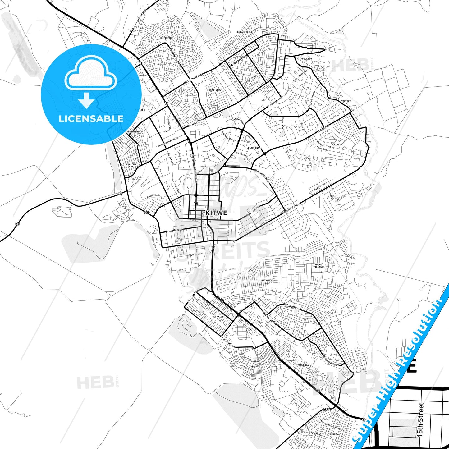 Kitwe, Zambia Light Map with Street Names, City Names, and Districts