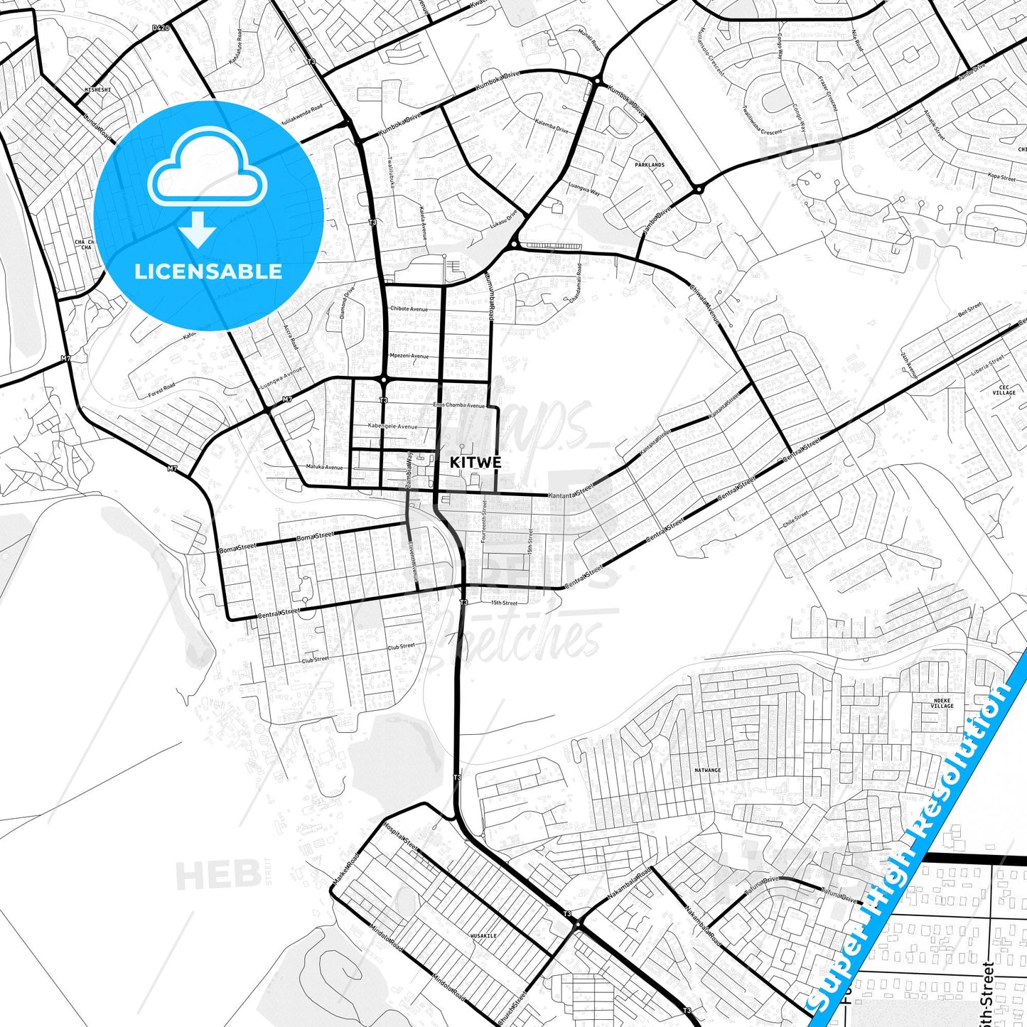 Kitwe, Zambia Light Map with Street Names, City Names, and Districts