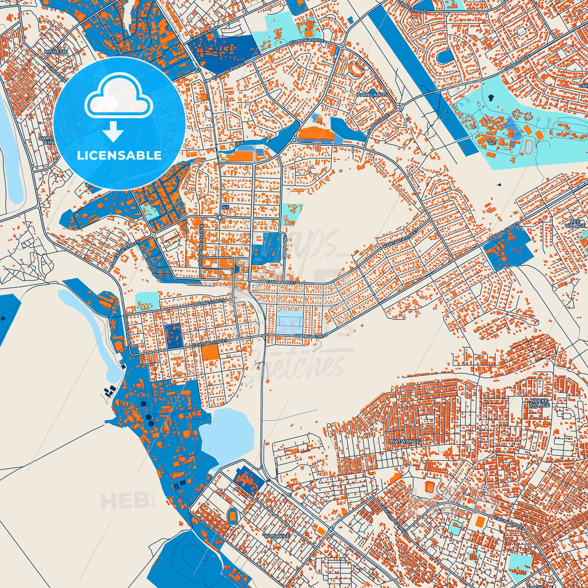 Colorful Kitwe Street Map with Labels and Buildings