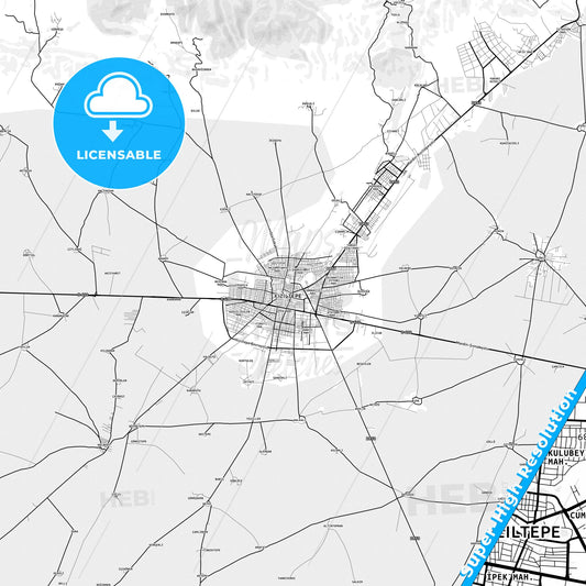 Kızıltepe, Turkey light map with streetnames, citynames and districts