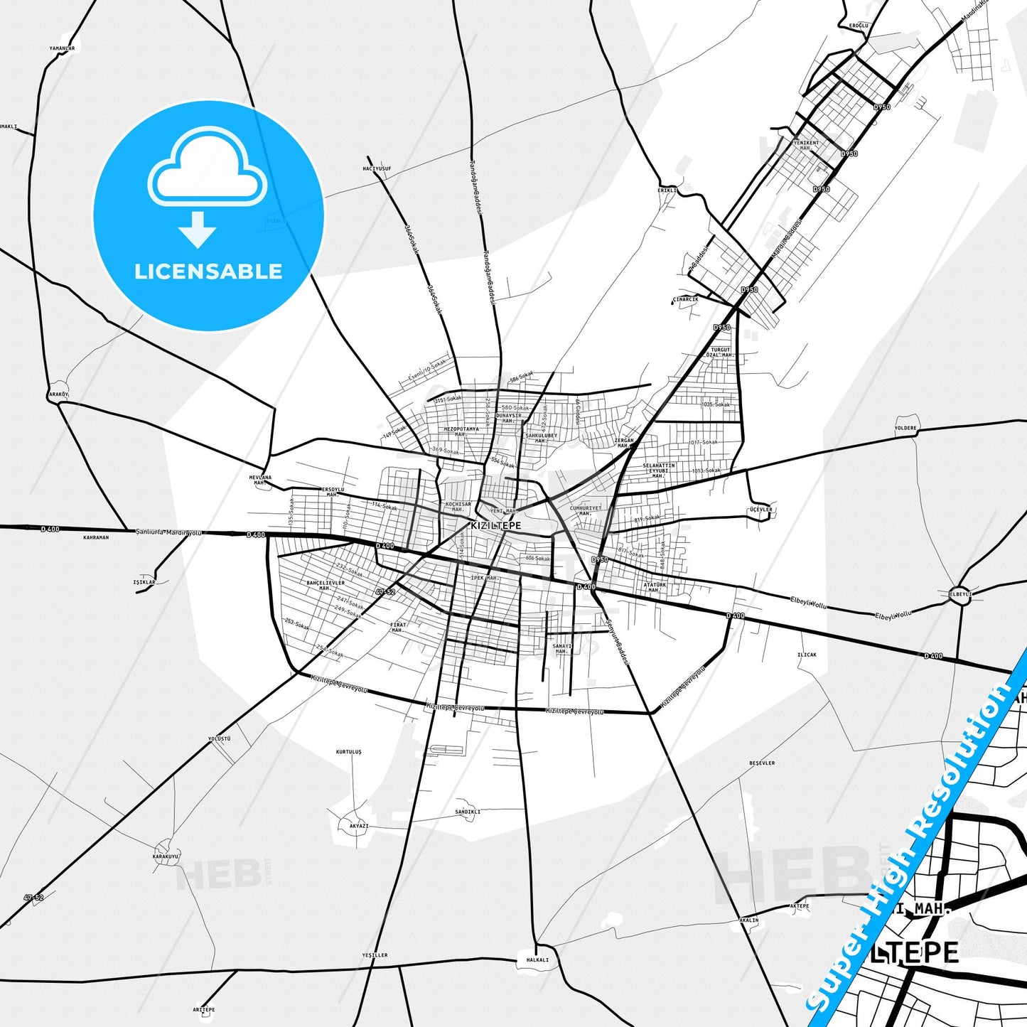 Kızıltepe, Turkey Light Map with Street Names, City Names, and Districts