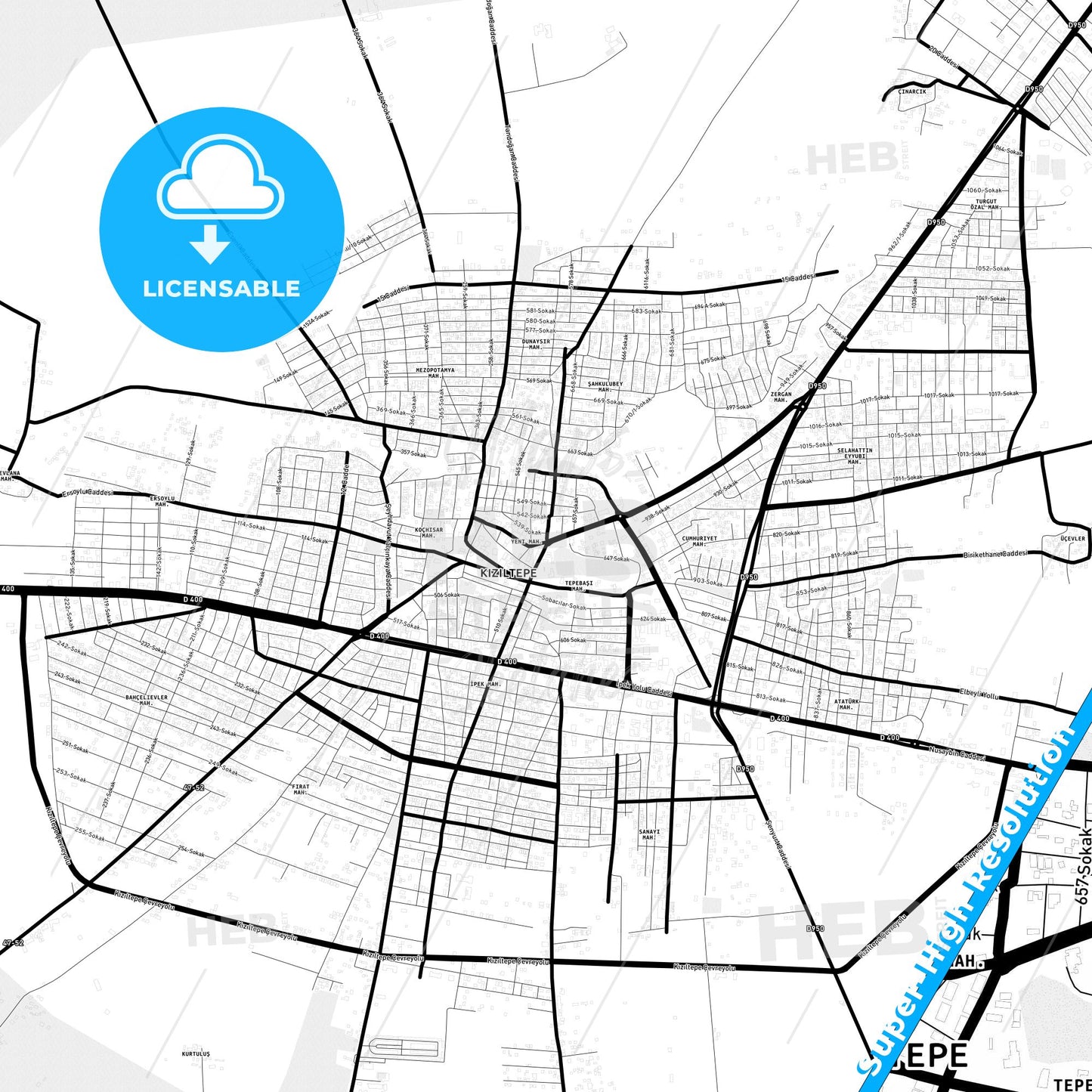 Kızıltepe, Turkey Light Map with Street Names, City Names, and Districts