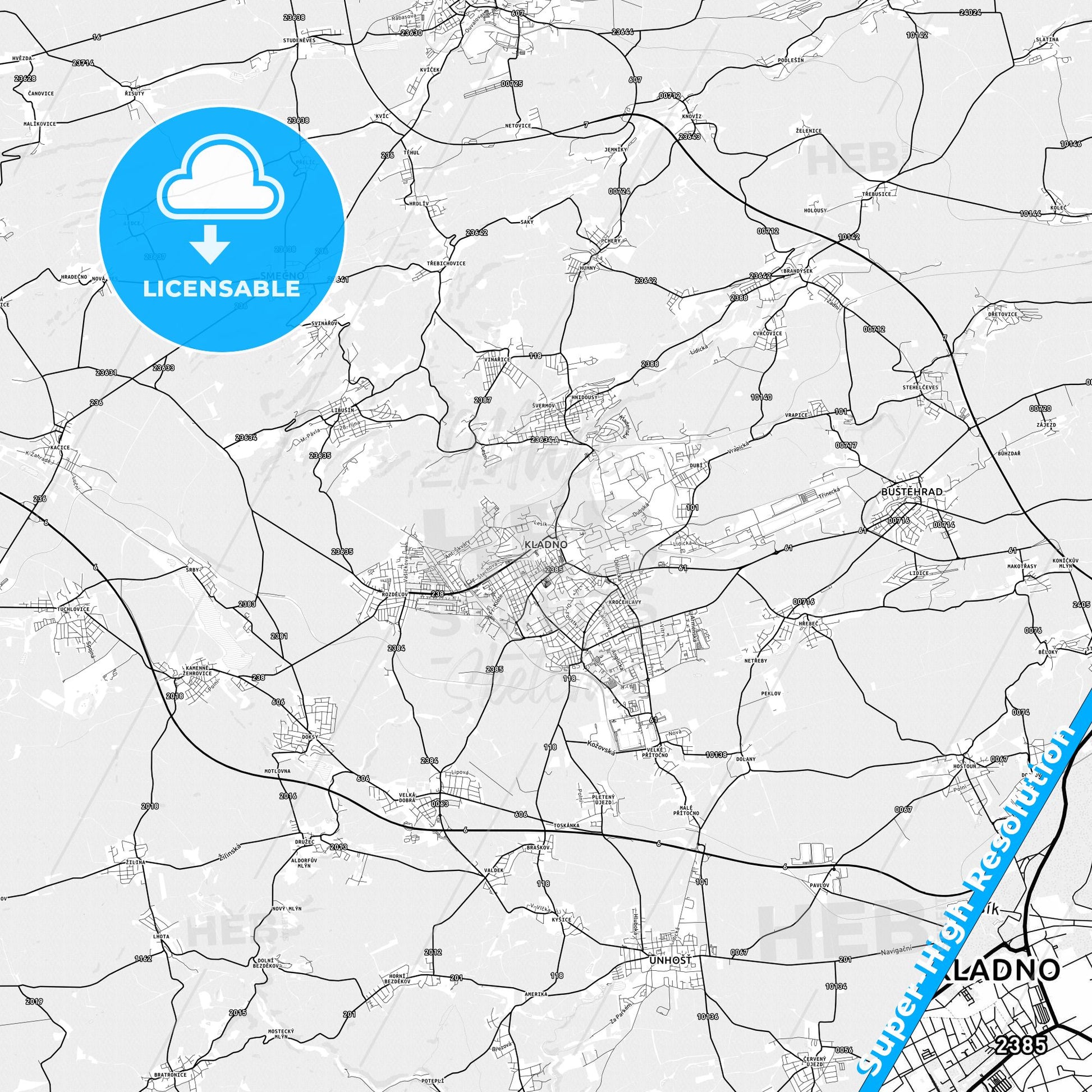 Kladno, Czechia light map with streetnames, citynames and districts