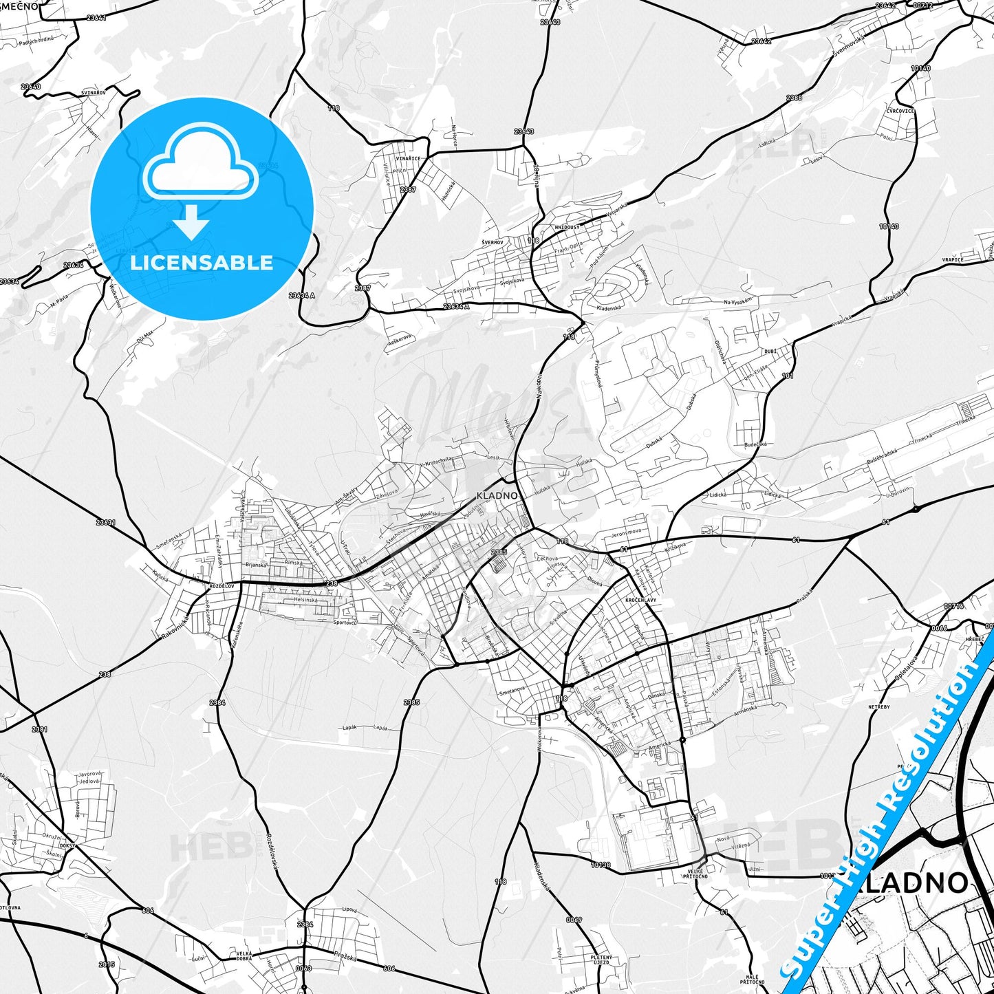 Kladno, Czechia Light Map with Street Names, City Names, and Districts