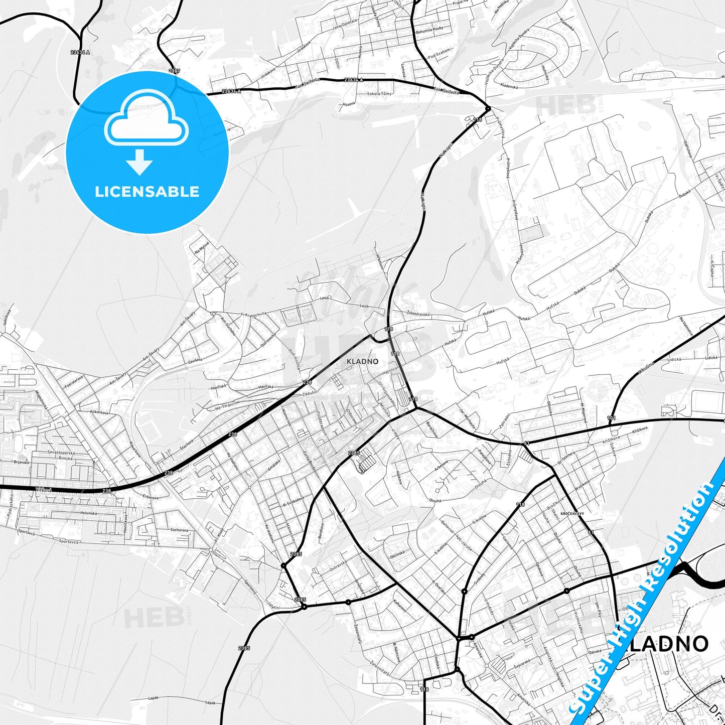 Kladno, Czechia Light Map with Street Names, City Names, and Districts