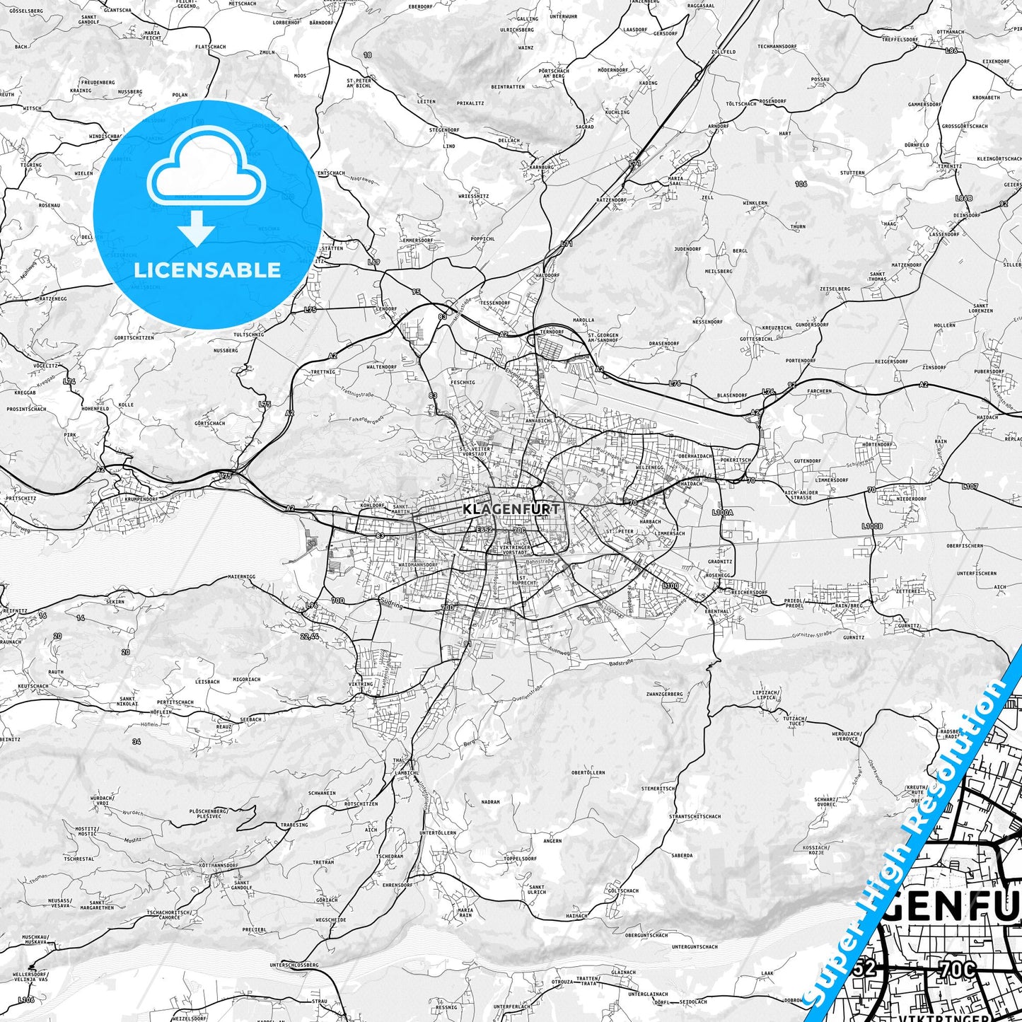 Klagenfurt, Austria light map with streetnames, citynames and districts