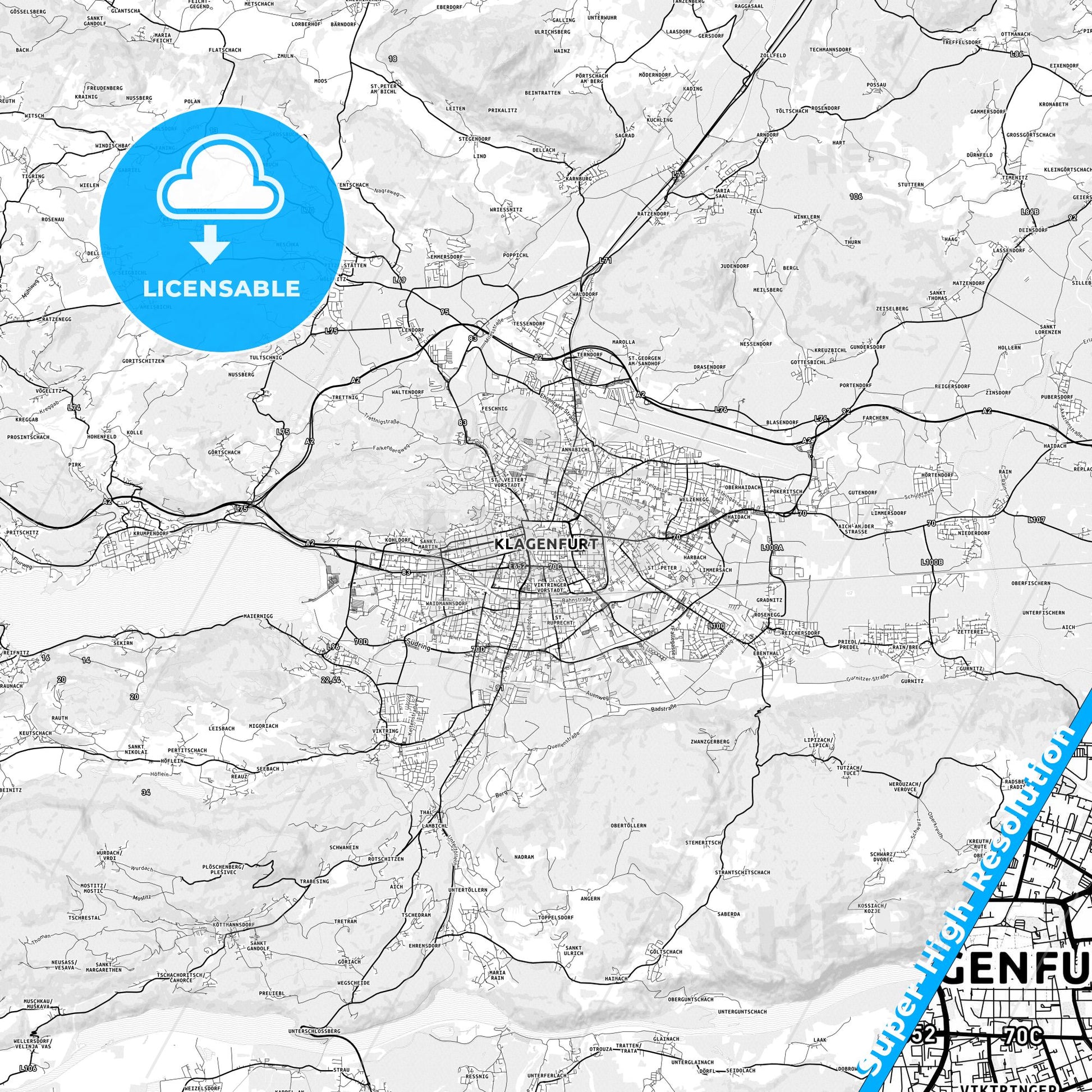Klagenfurt, Austria light map with streetnames, citynames and districts