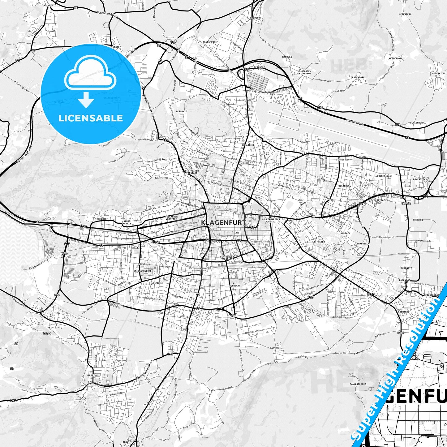 Klagenfurt, Austria Light Map with Street Names, City Names, and Districts