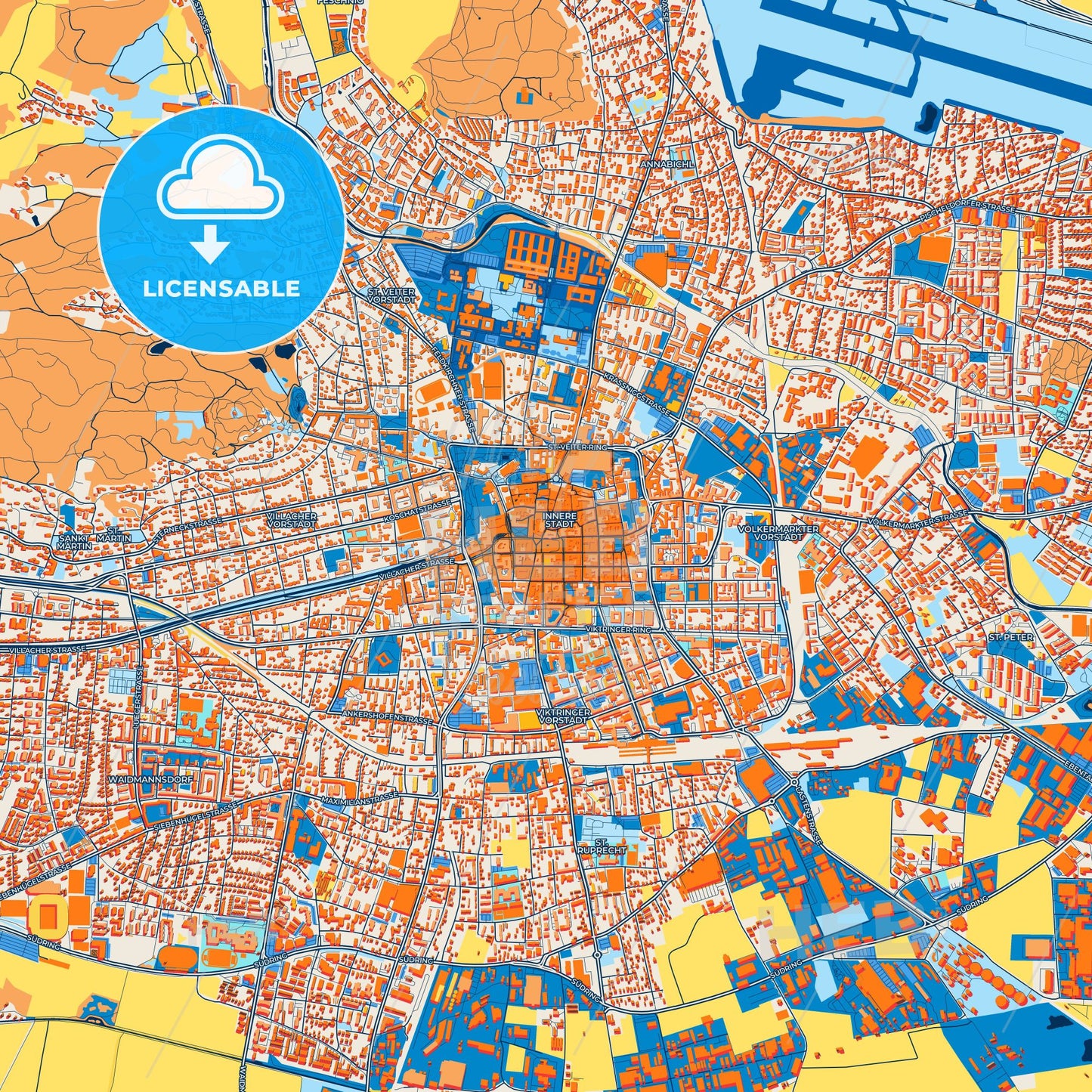 Colorful Klagenfurt Street Map with Labels and Buildings