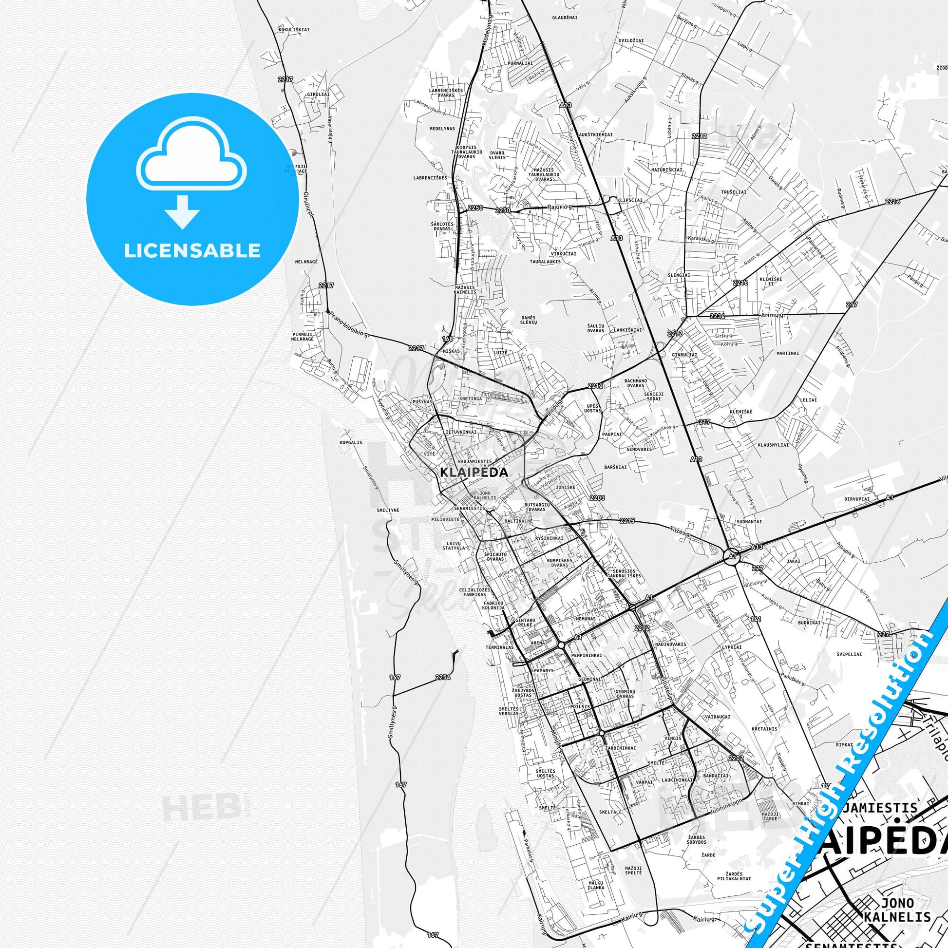 Klaipėda, Lithuania light map with streetnames, citynames and districts