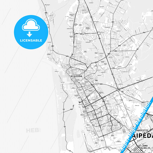 Klaipėda, Lithuania light map with streetnames, citynames and districts