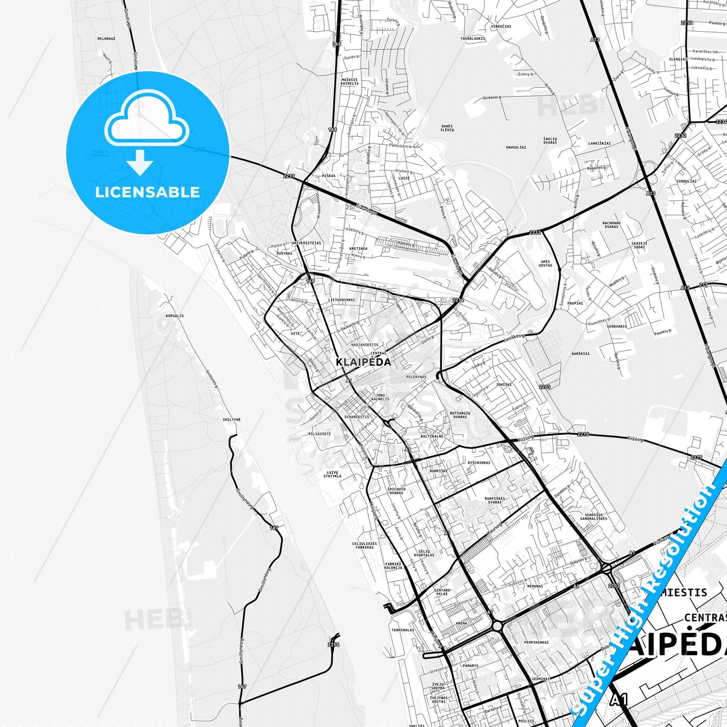 Klaipėda, Lithuania Light Map with Street Names, City Names, and Districts