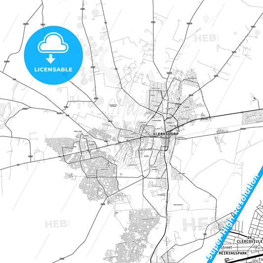 Klerksdorp, South Africa light map with streetnames, citynames and districts