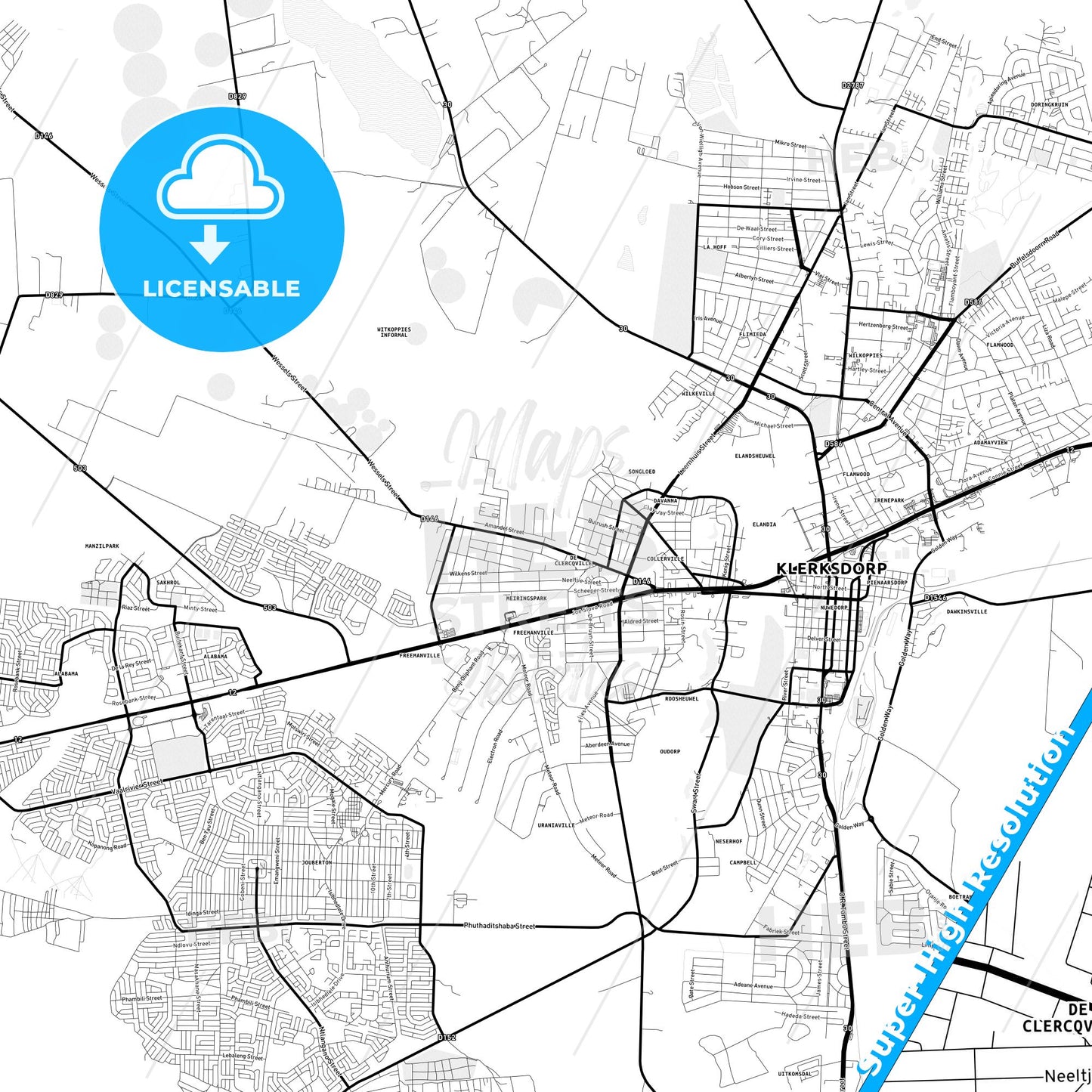 Klerksdorp, South Africa Light Map with Street Names, City Names, and Districts