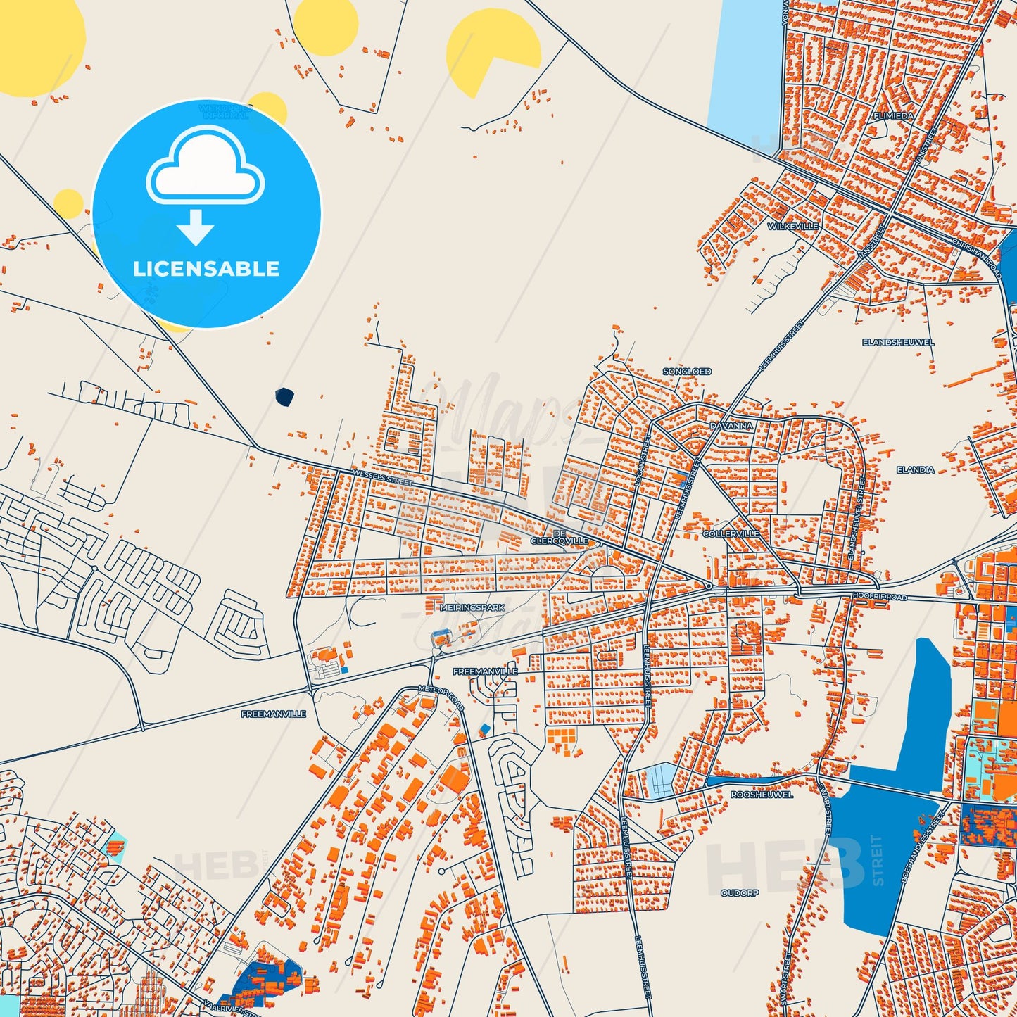 Colorful Klerksdorp Street Map with Labels and Buildings