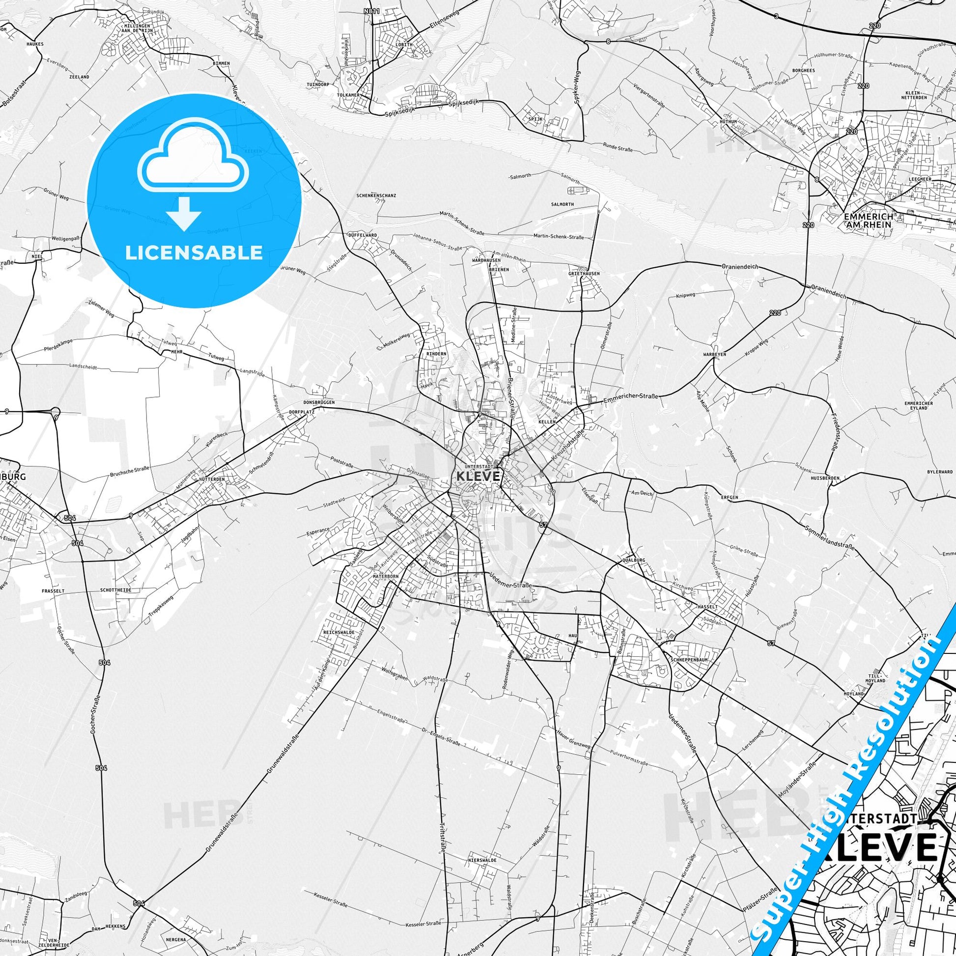 Kleve, Germany light map with streetnames, citynames and districts