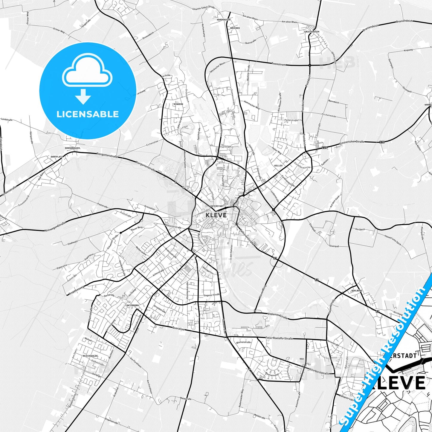 Kleve, Germany Light Map with Street Names, City Names, and Districts