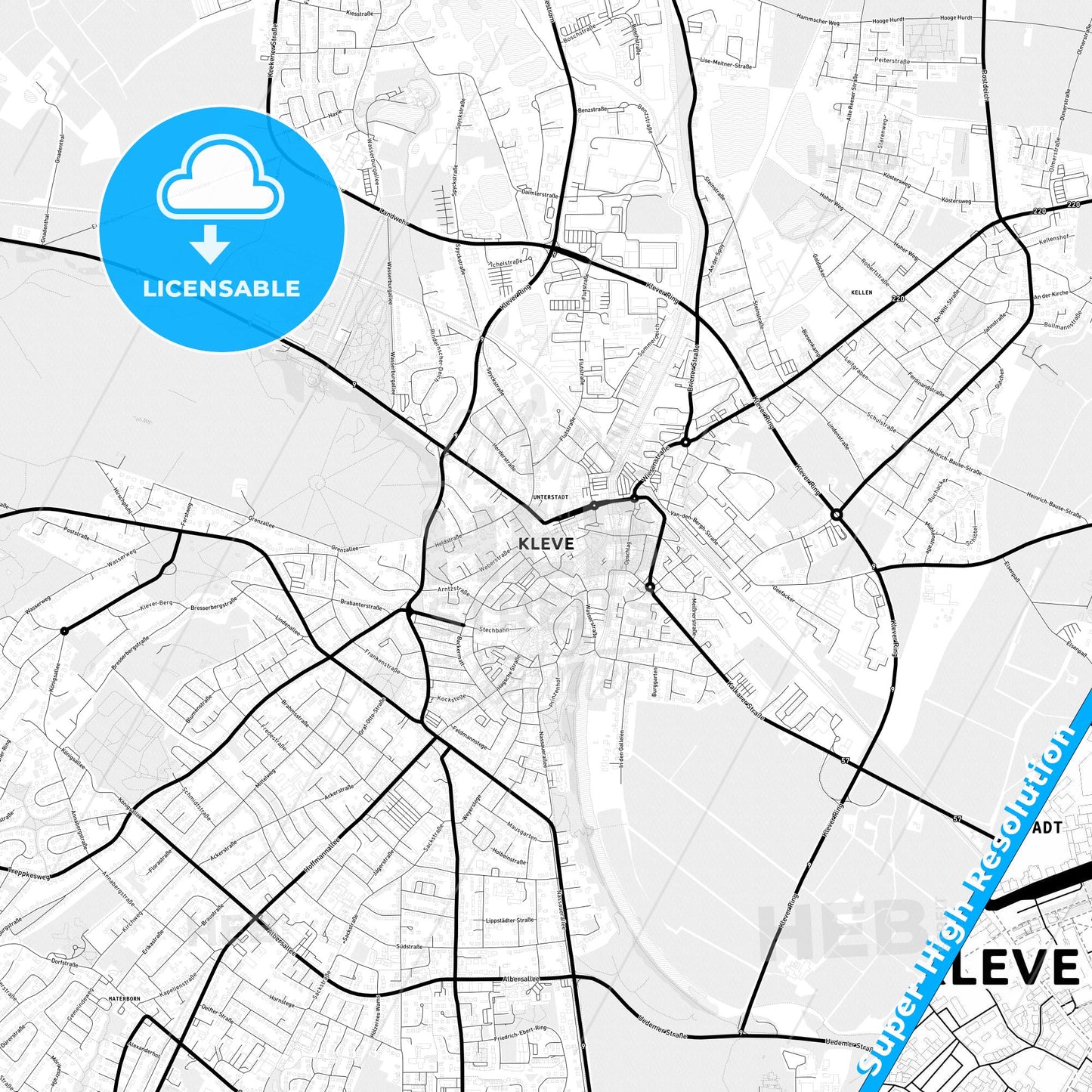Kleve, Germany Light Map with Street Names, City Names, and Districts