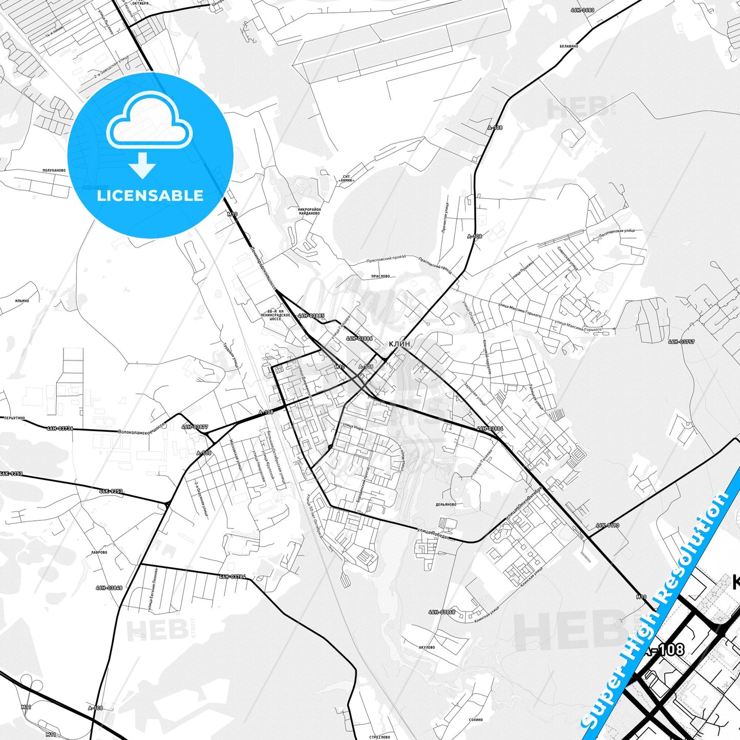 Klin, Russia Light Map with Street Names, City Names, and Districts
