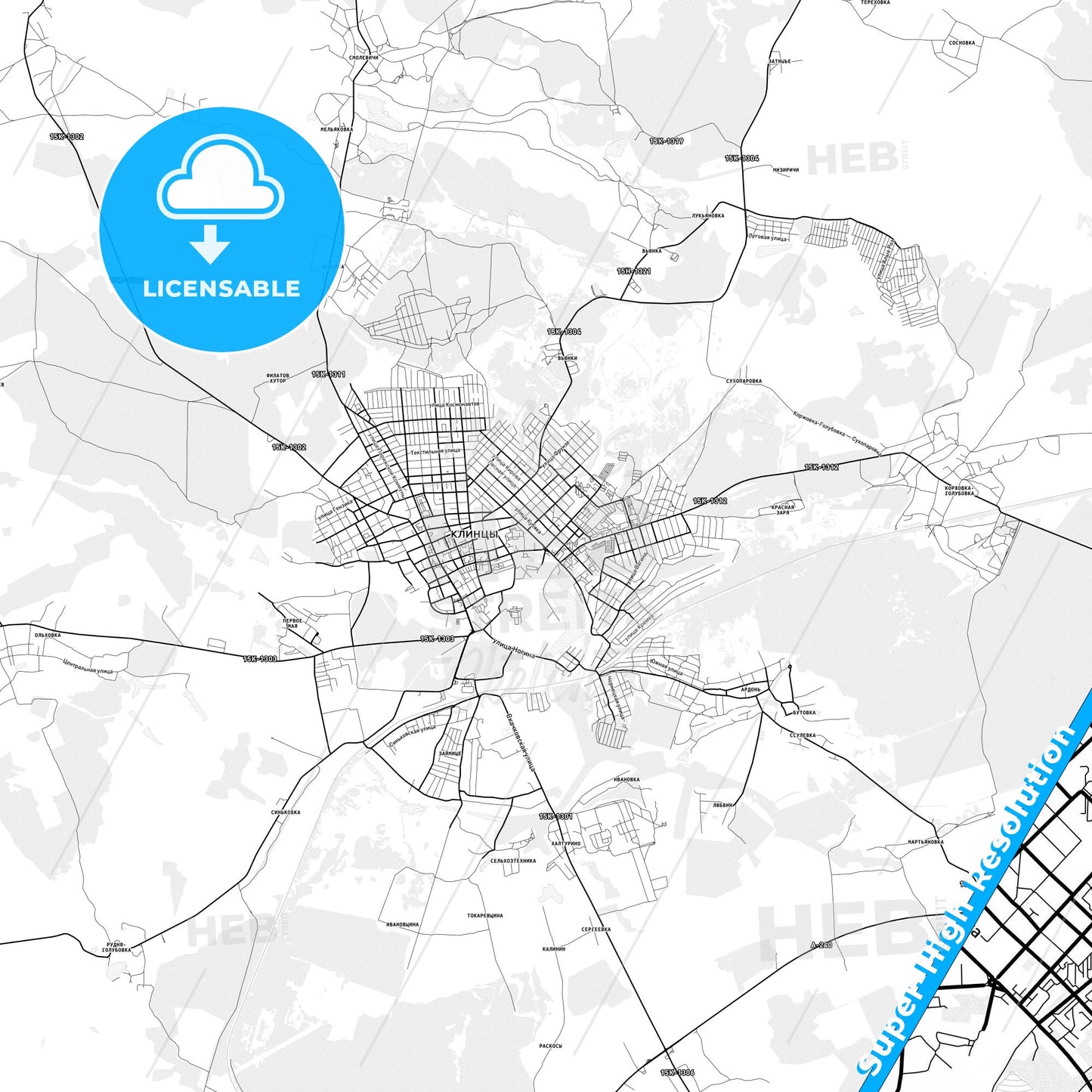 Klintsy, Russia light map with streetnames, citynames and districts
