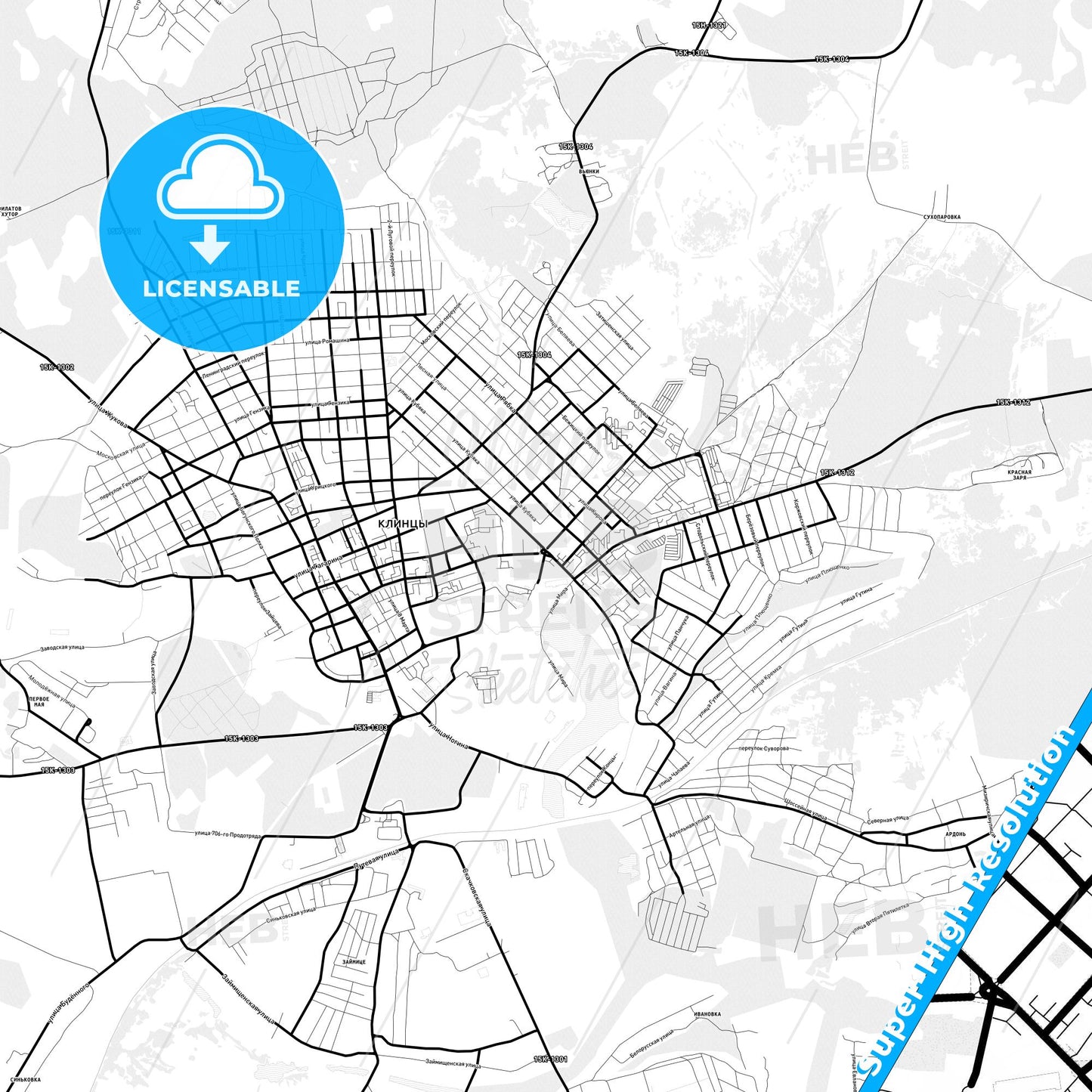 Klintsy, Russia Light Map with Street Names, City Names, and Districts