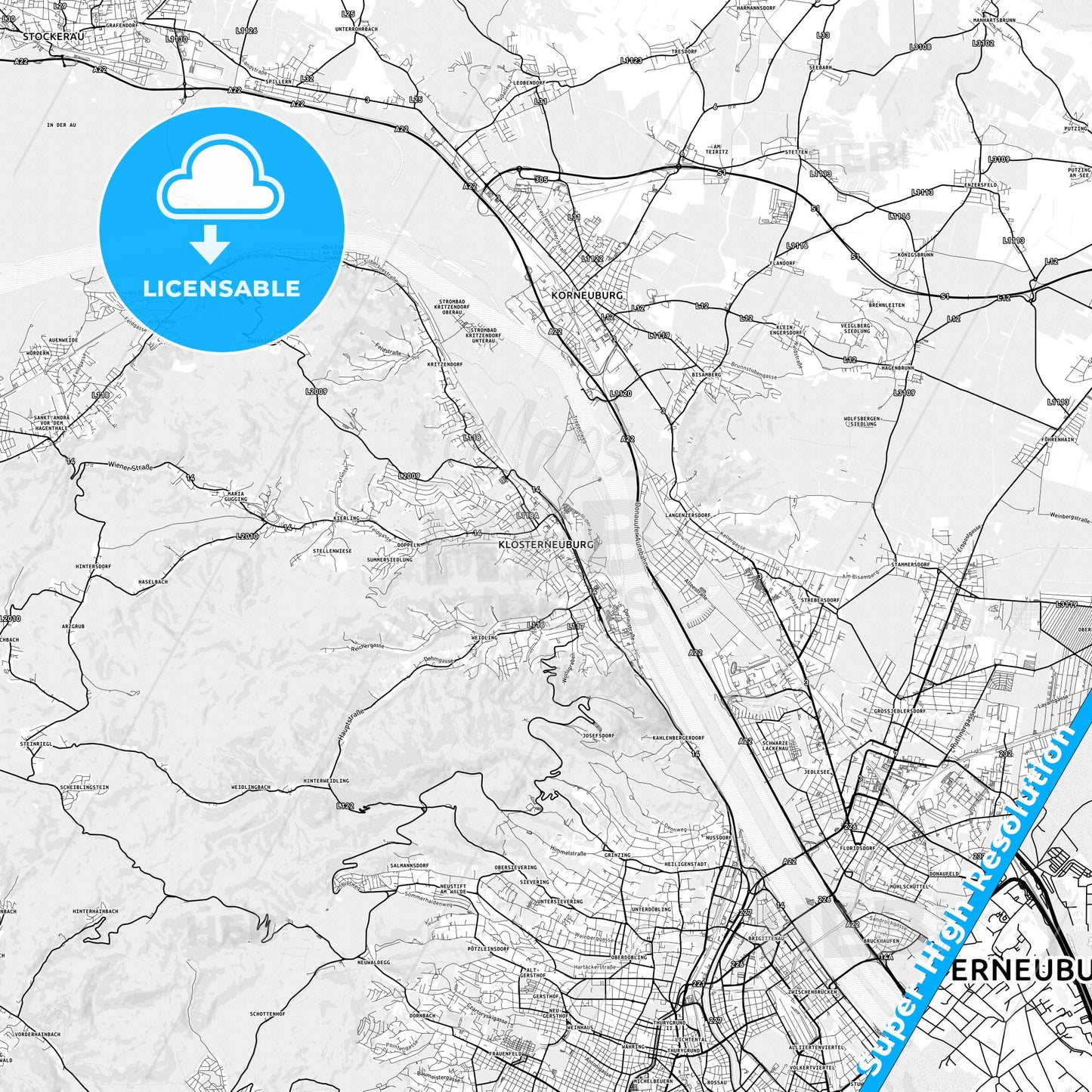 Klosterneuburg, Austria light map with streetnames, citynames and districts