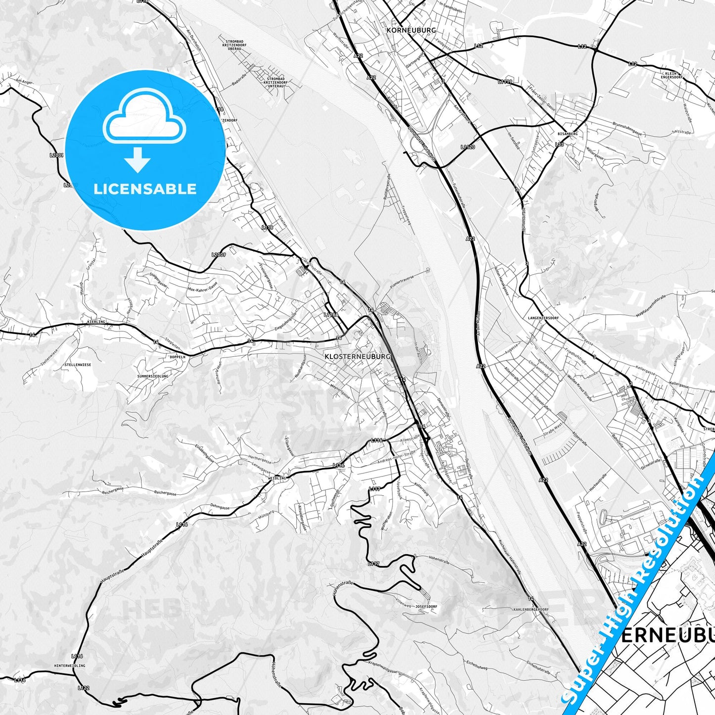 Klosterneuburg, Austria Light Map with Street Names, City Names, and Districts