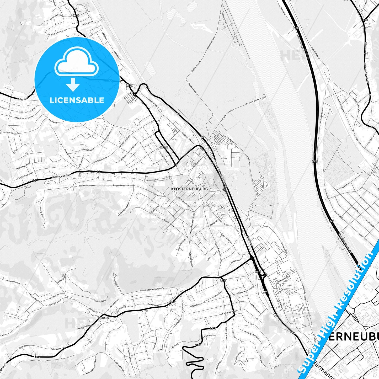 Klosterneuburg, Austria Light Map with Street Names, City Names, and Districts