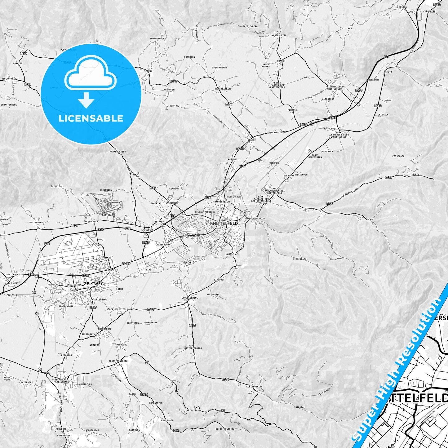 Knittelfeld, Austria light map with streetnames, citynames and districts