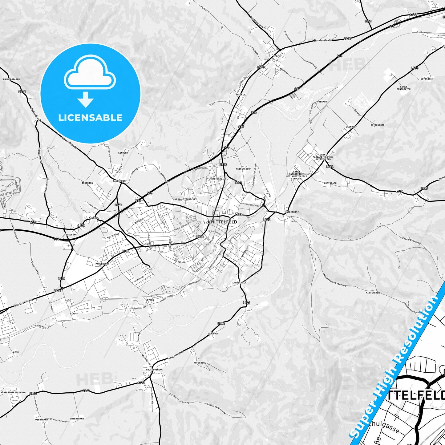 Knittelfeld, Austria Light Map with Street Names, City Names, and Districts