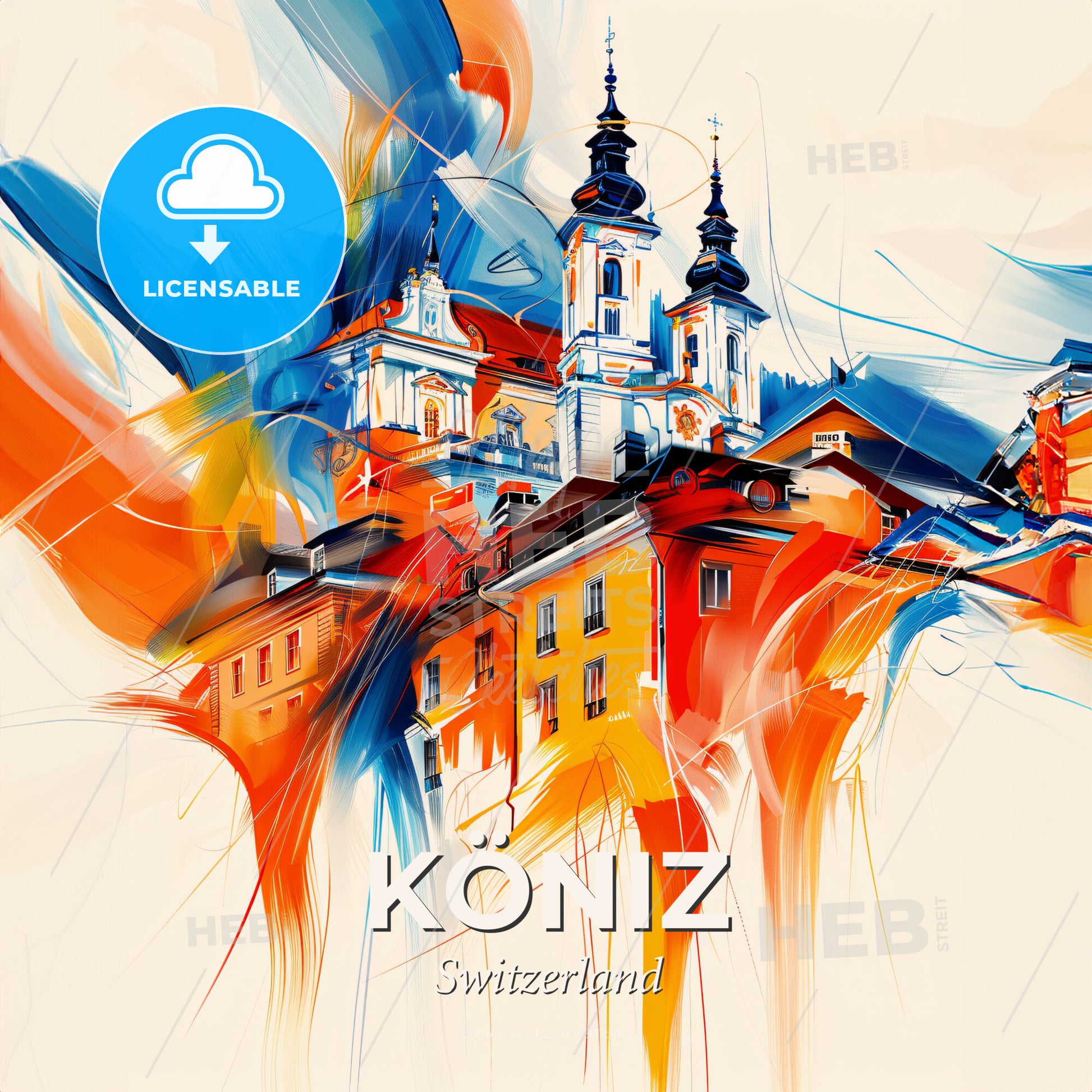 Vibrant Köniz, Switzerland - A Painting Of A Building - Square format print template